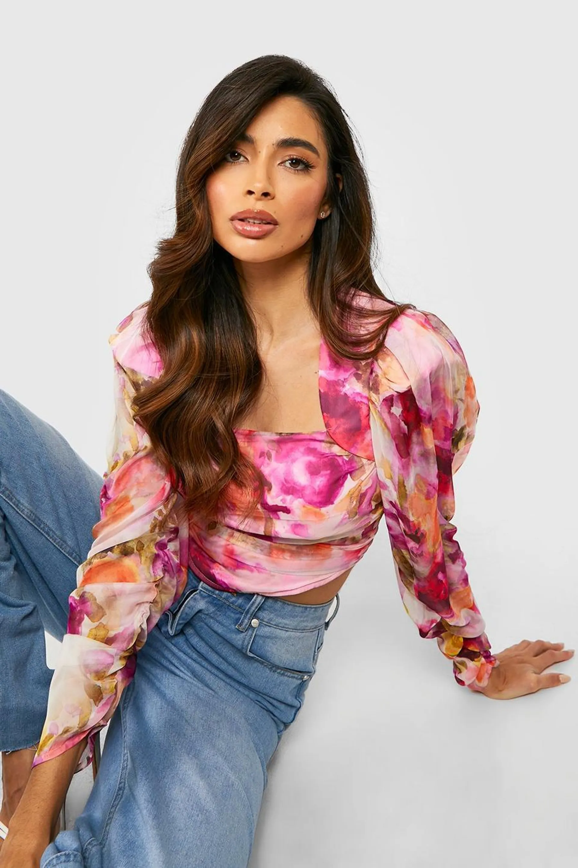 Printed Chiffon Long Sleeve Corset Top