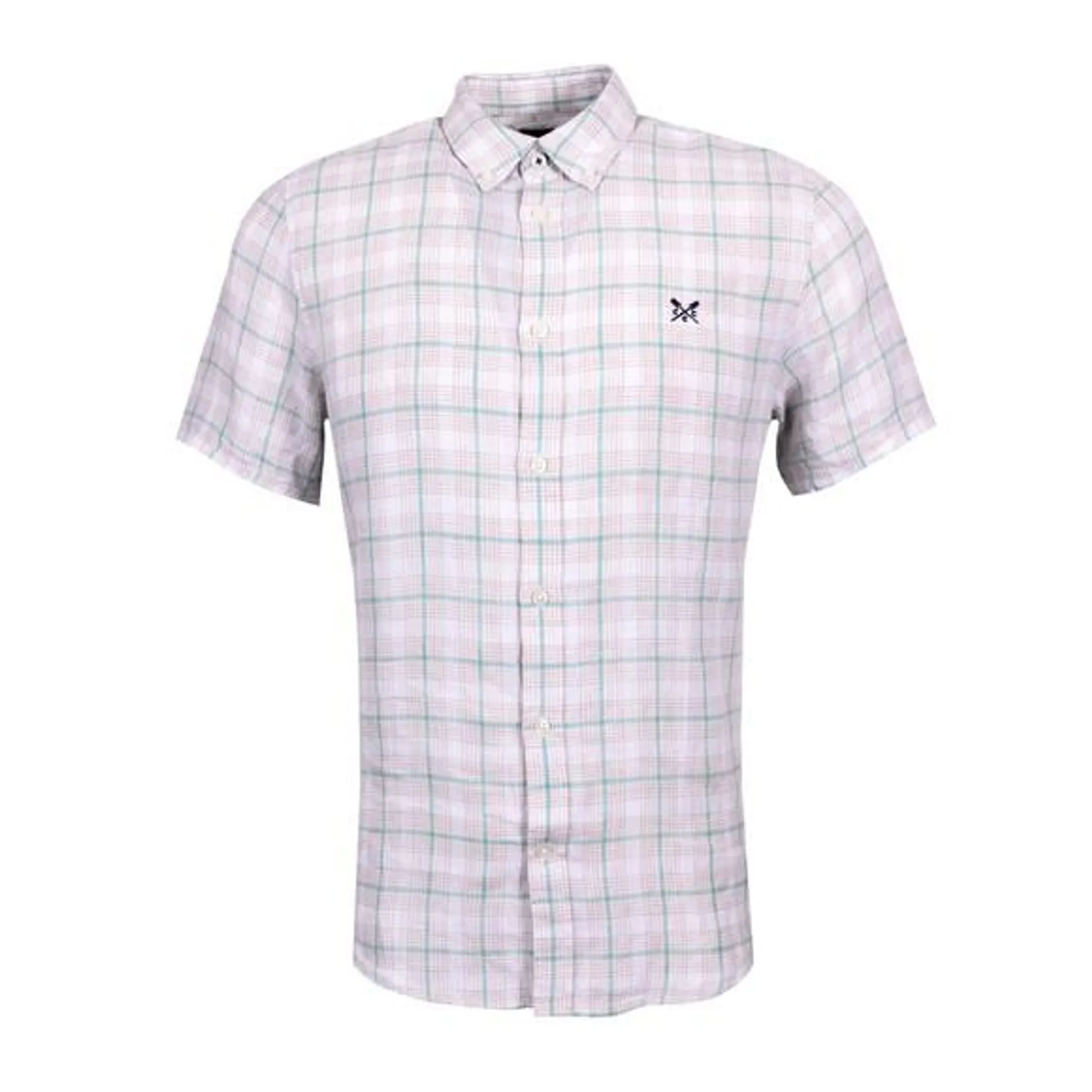 Mens White SS Linen Check Shirt