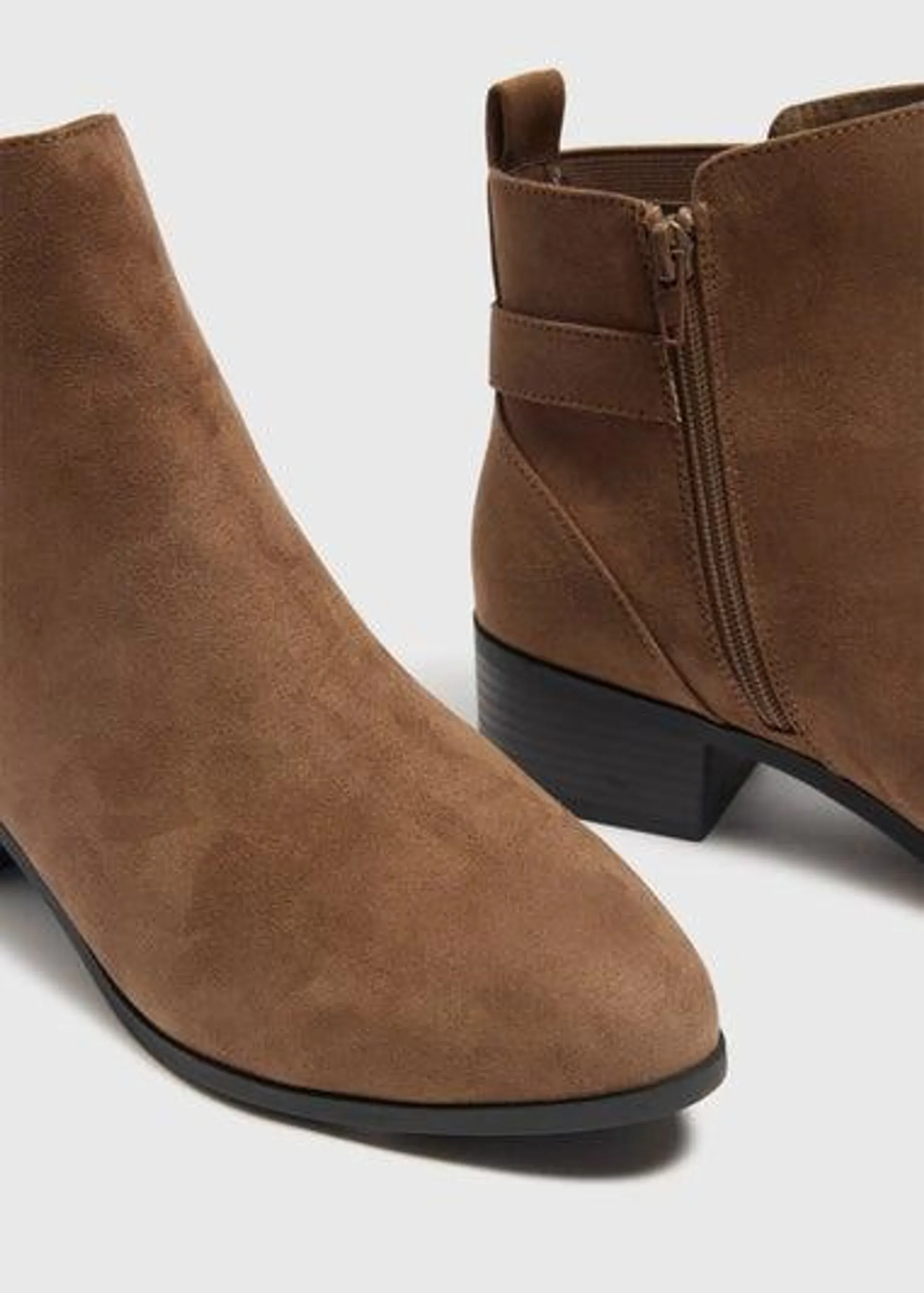 Taupe Wide Fit Buckle Block Heel Boots