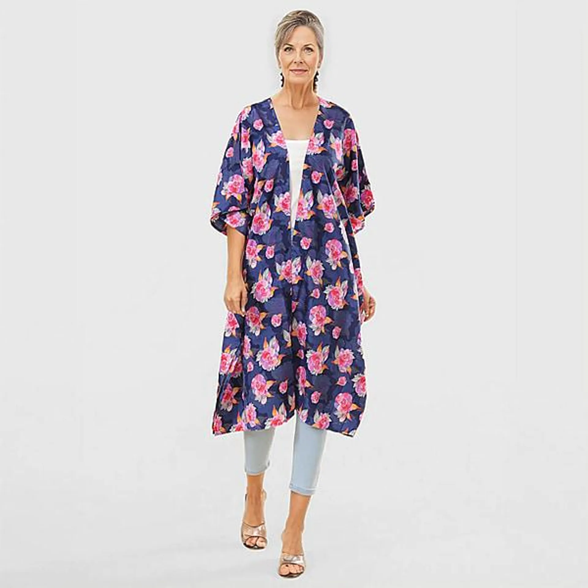 TAMSY Floral Pattern Kimono - Blue and Multi