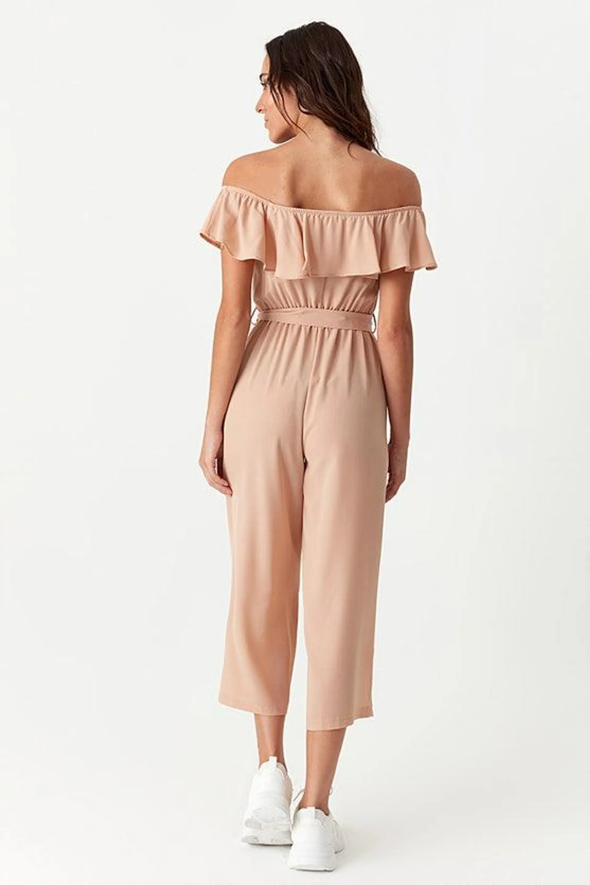 Stone Crepe Bardot Belted Jumpsuit