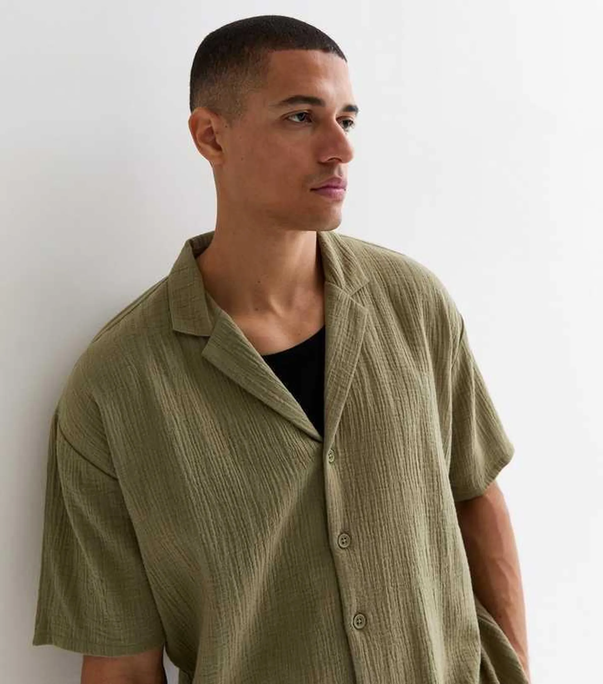 Olive Textured Short Sleeve Oversized Shirt