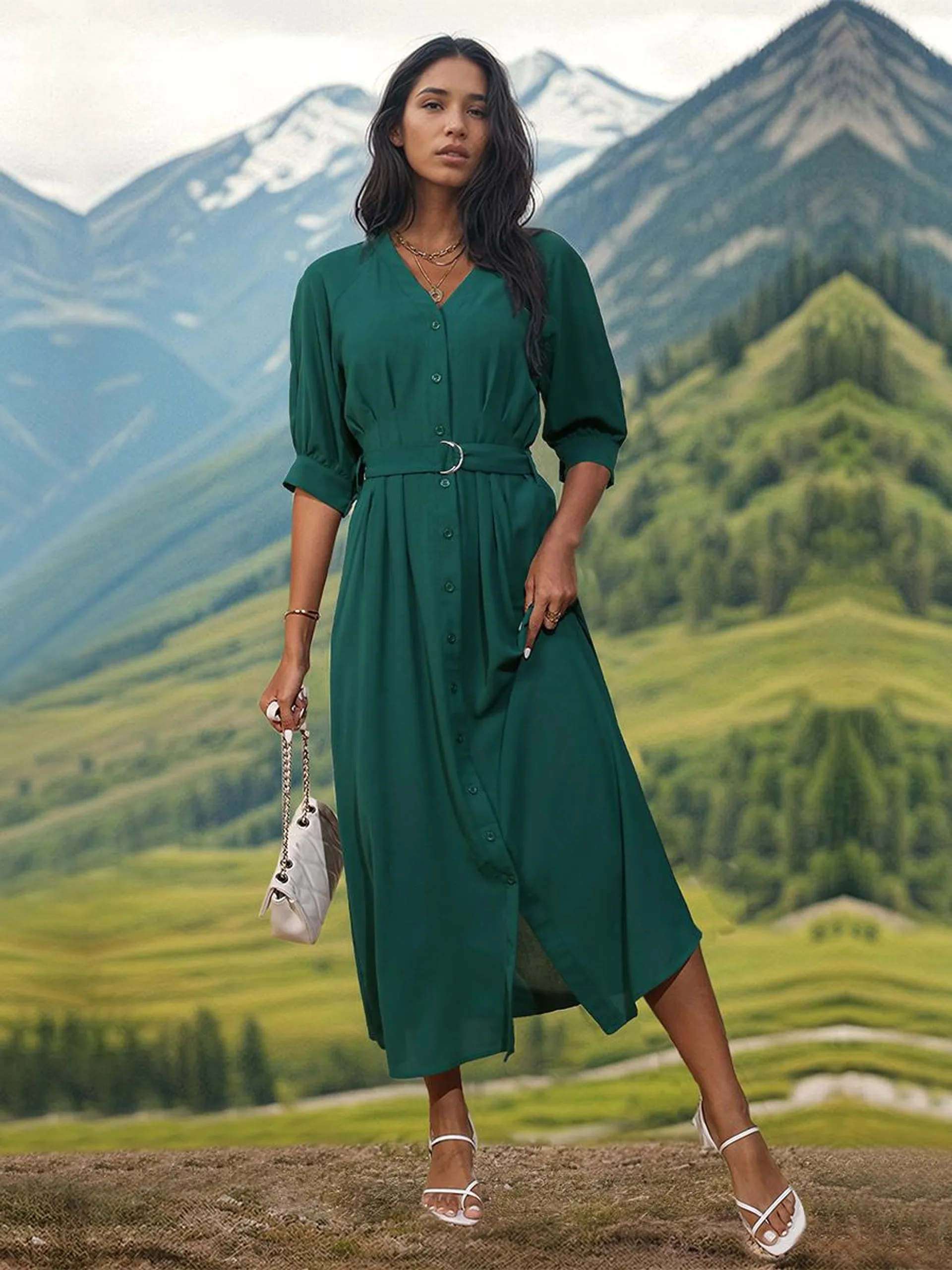 V-Neck Dress Buttons Belted Half Sleeves Day Casual Maxi Dresses