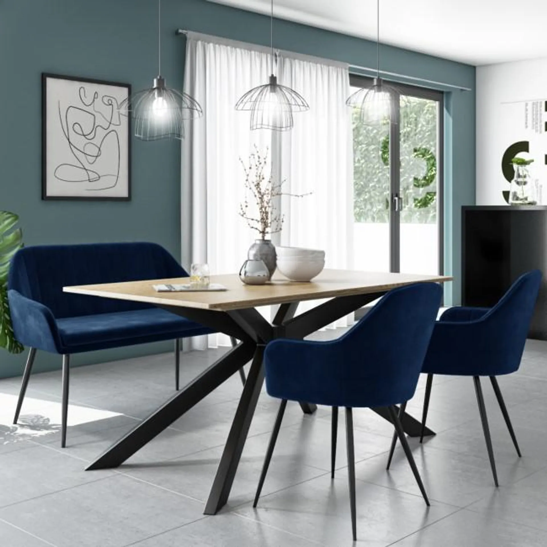 Rectangle Oak Dining Table with 2 Navy Velvet Dining Chairs and 1 High Back Bench - Carson
