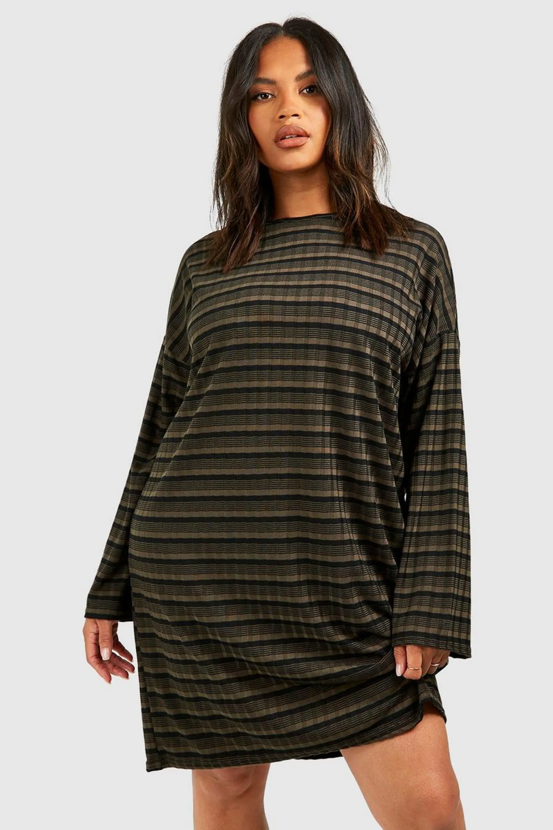 Plus Rib Knitted Stripe Crew Neck Slouchy Jumper Dress