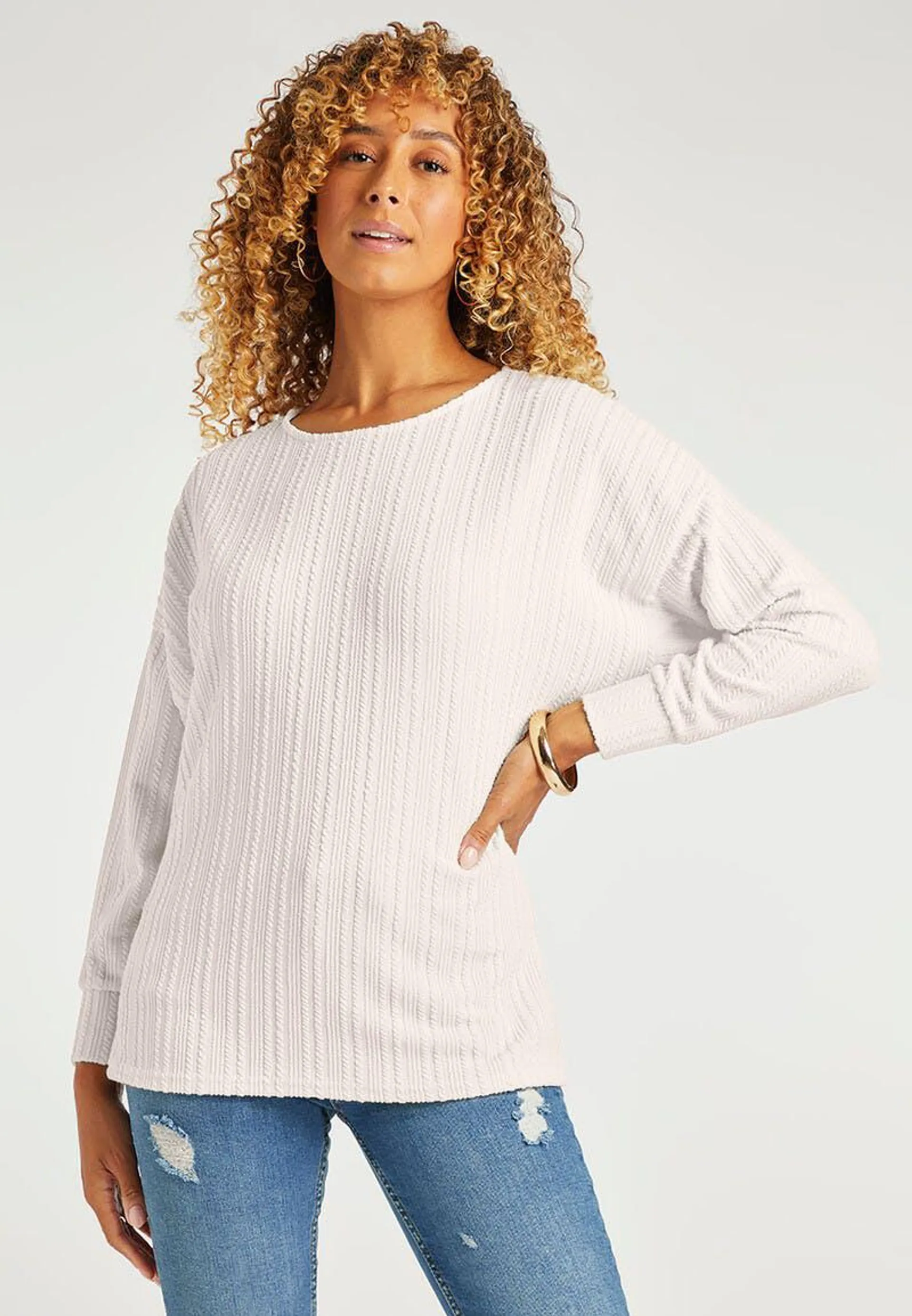 Womens Cream Cosy Textured Batwing Top