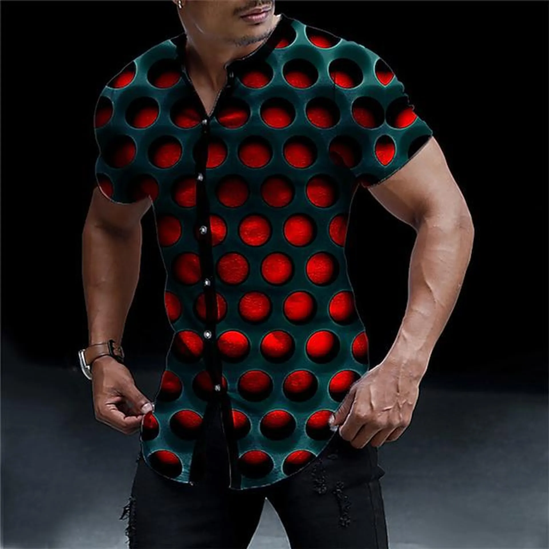Men's Shirt Optical Illusion Graphic Prints Stand Collar Black Yellow Red Blue Sky Blue Outdoor Street Short Sleeve Print Clothing Apparel Fashion Designer Casual Comfortable