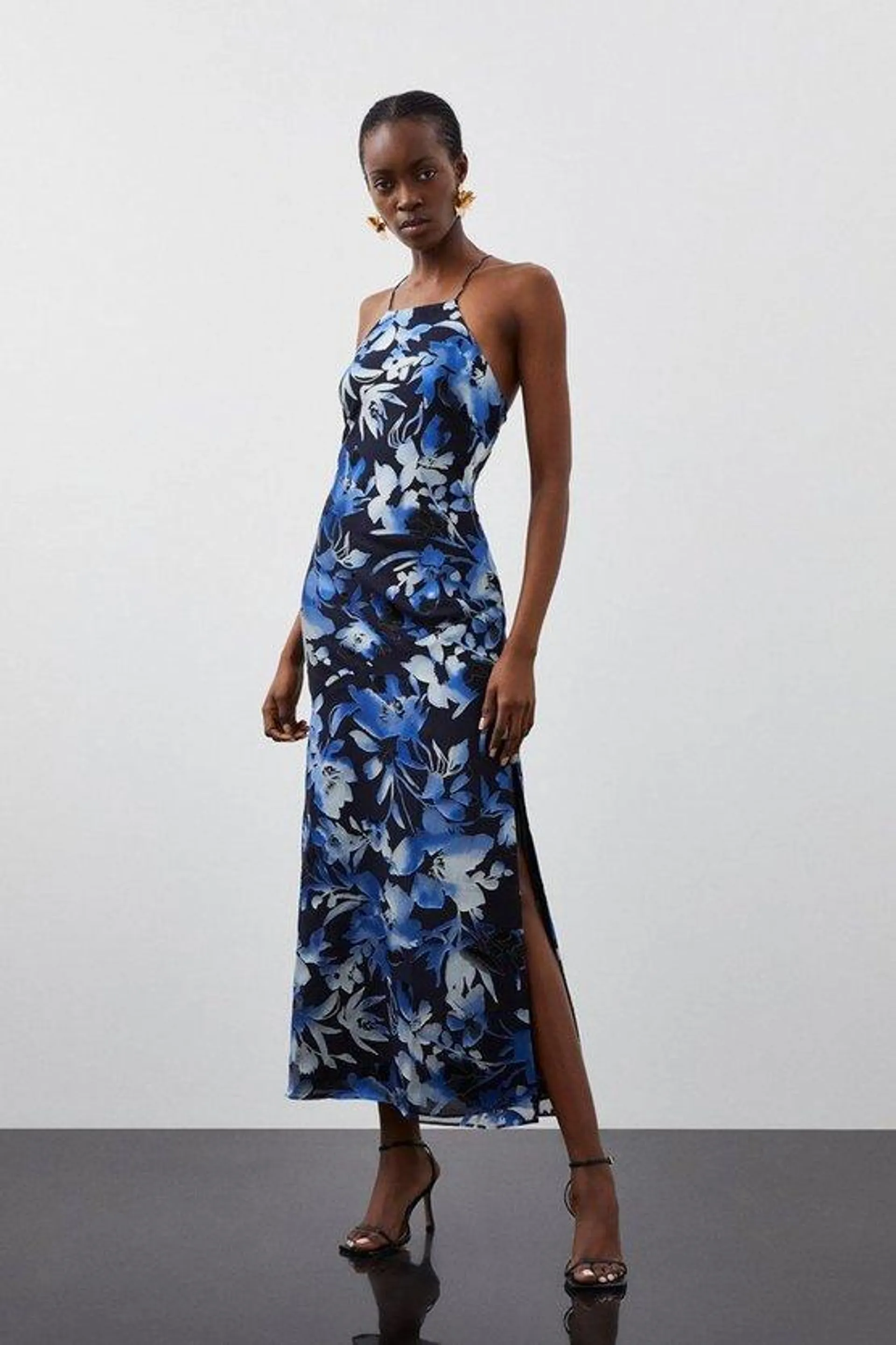 Satin Floral Devore Woven Strappy Maxi Dress