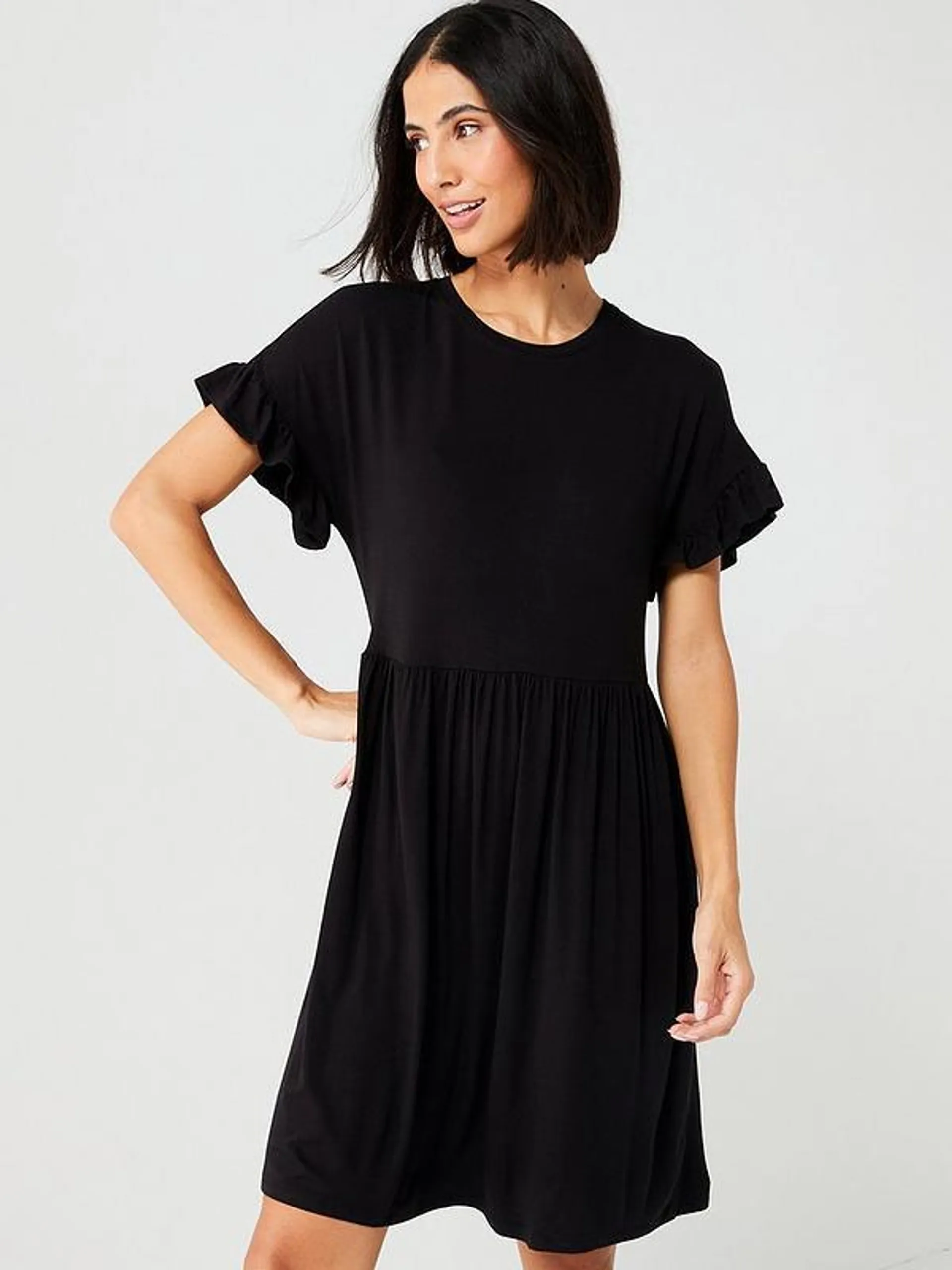 Ruffle Sleeve Mini Dress - Black