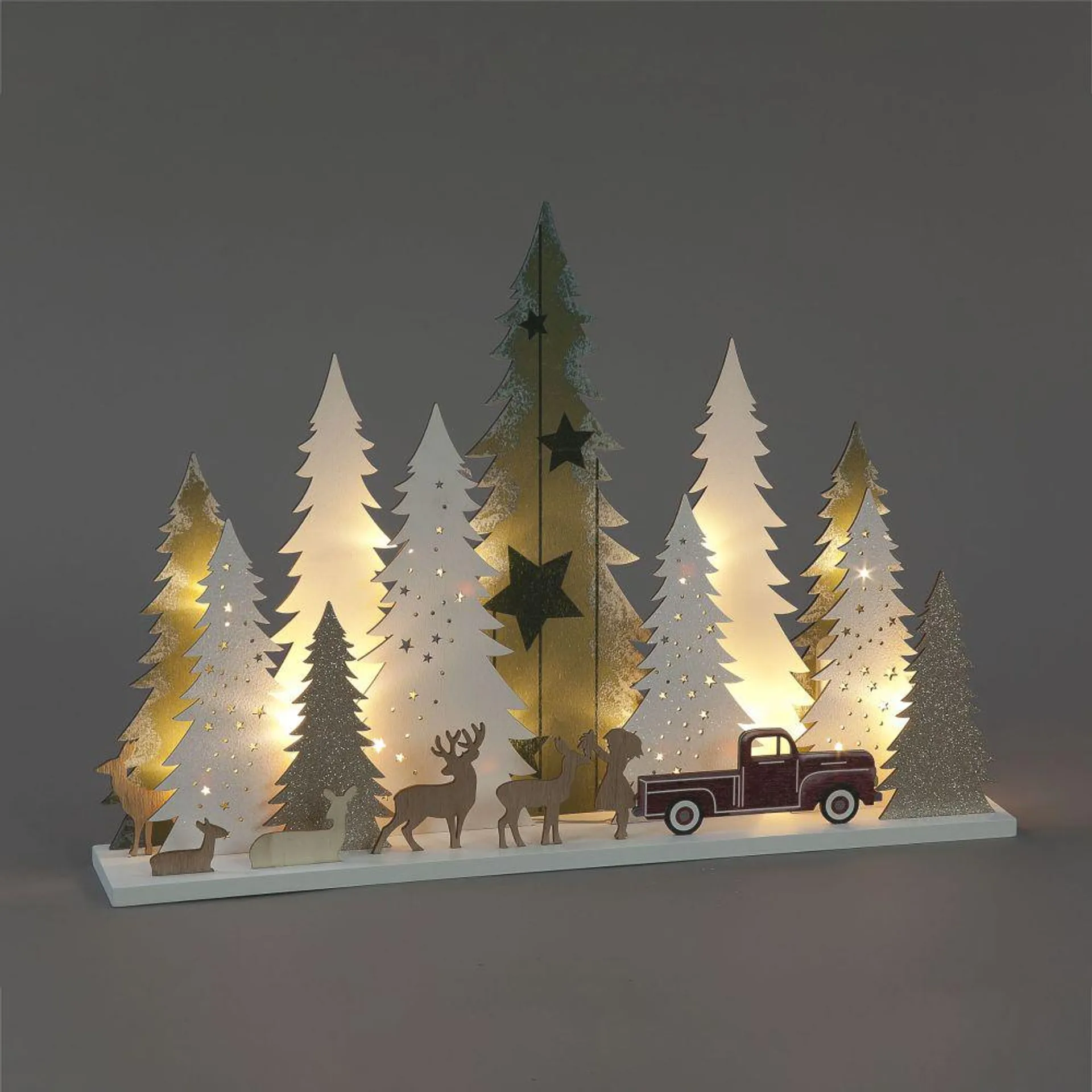Battery Operated Wooden Scene with Deer and 15 Warm White LEDs (31cm)