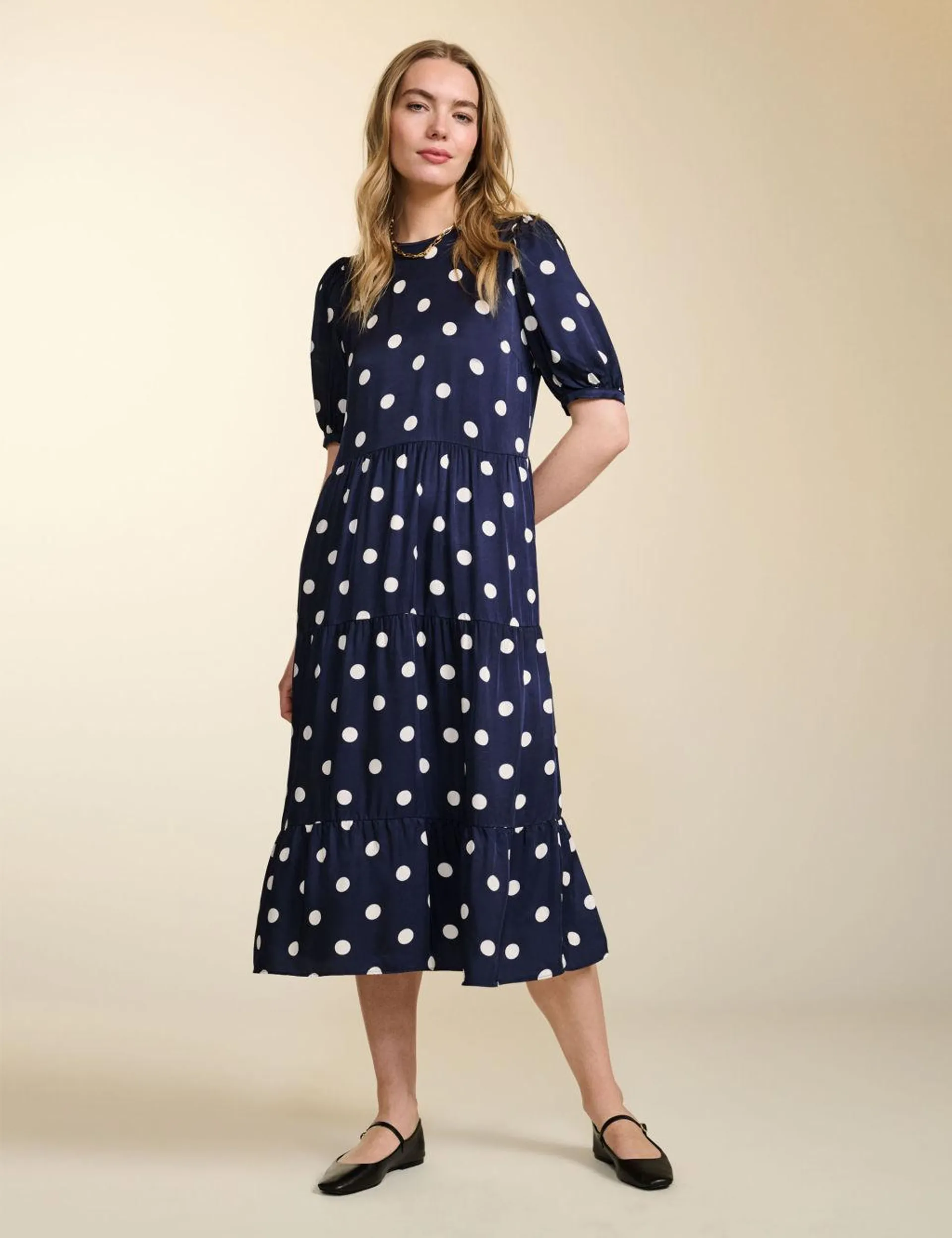 Satin Polka Dot Midi Tiered Dress