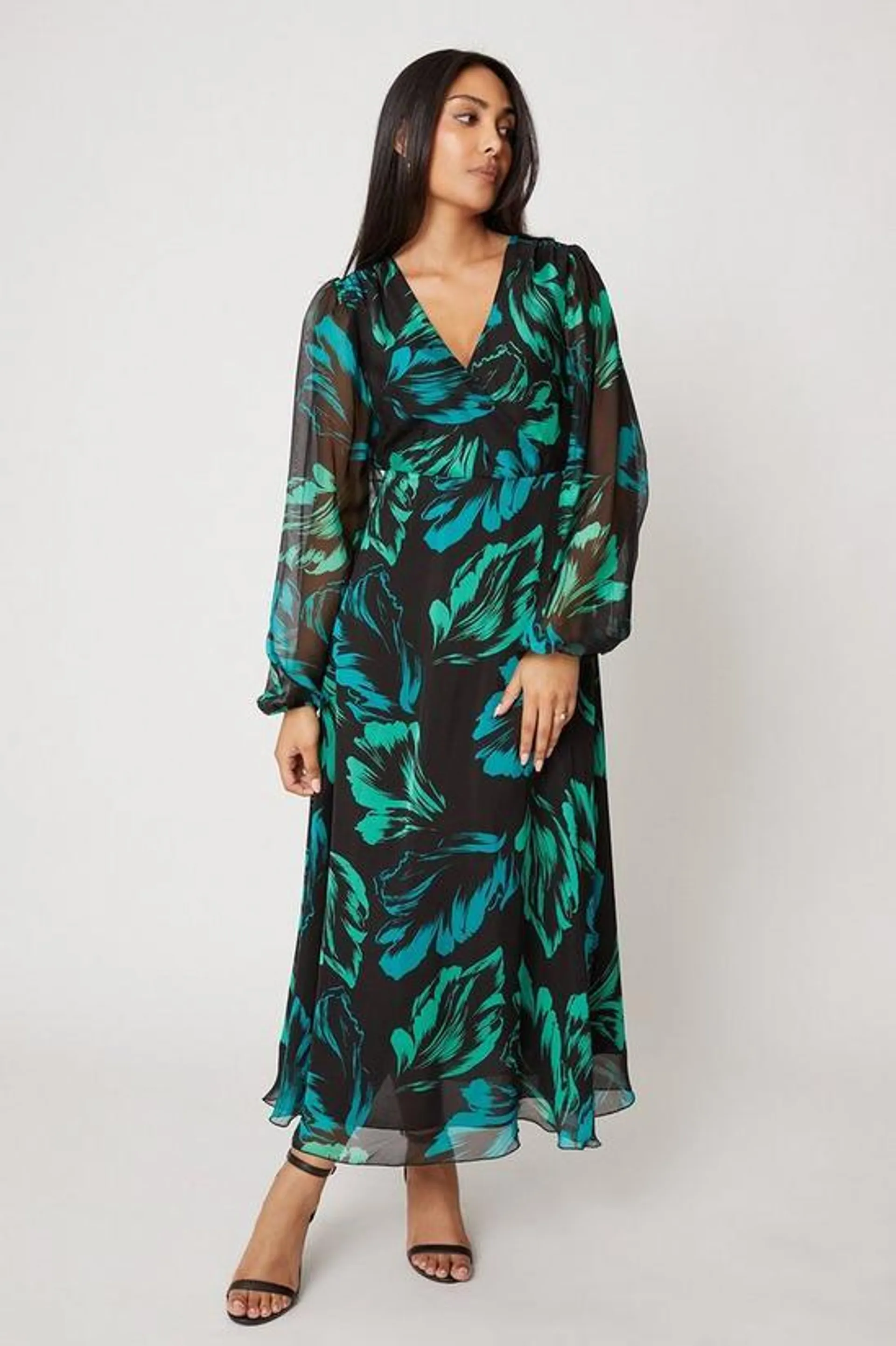 Petite Silk Mix Feather Print Maxi Dress