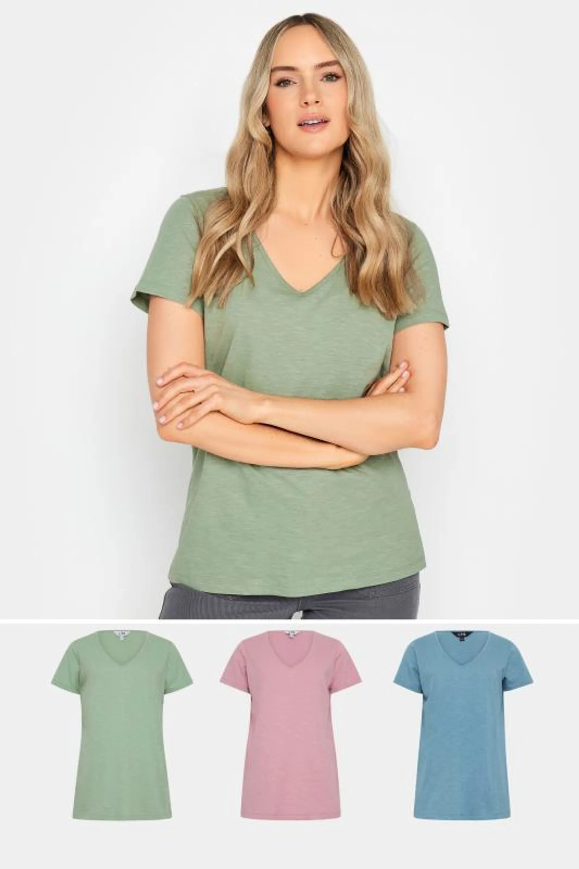 LTS Tall 3 PACK Sage Green & Pink V-Neck T-Shirts