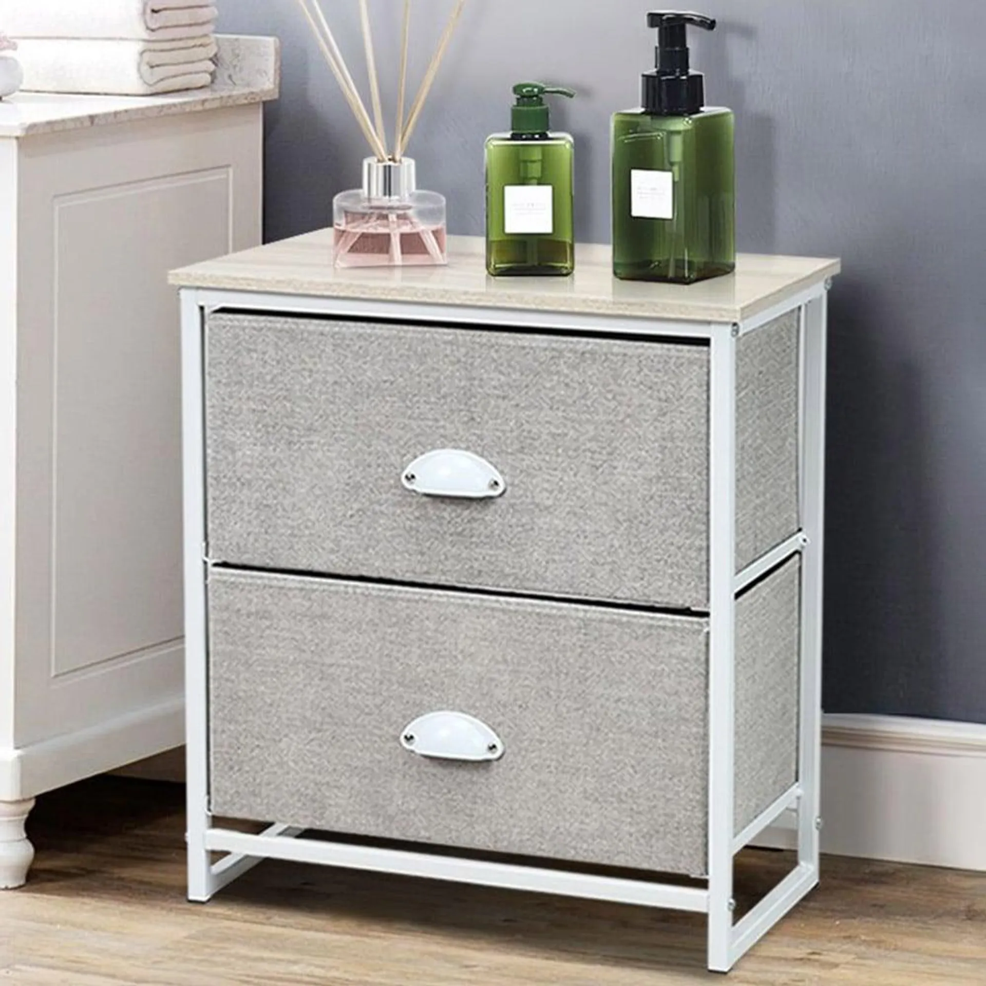 Costway 2 Drawer White 3/4 Fabric Bedside Storage Cabinet with Foldable Drawers