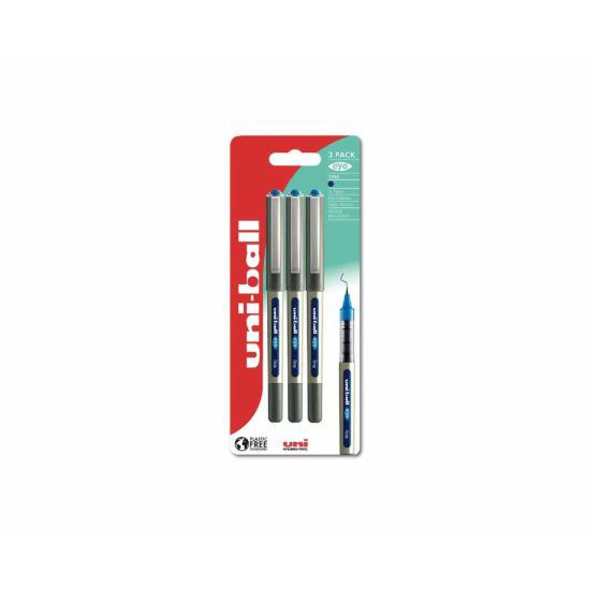 uni-ball UB-157 Rollerball Pen Plastic Free Packaging Pack of 3 Blue