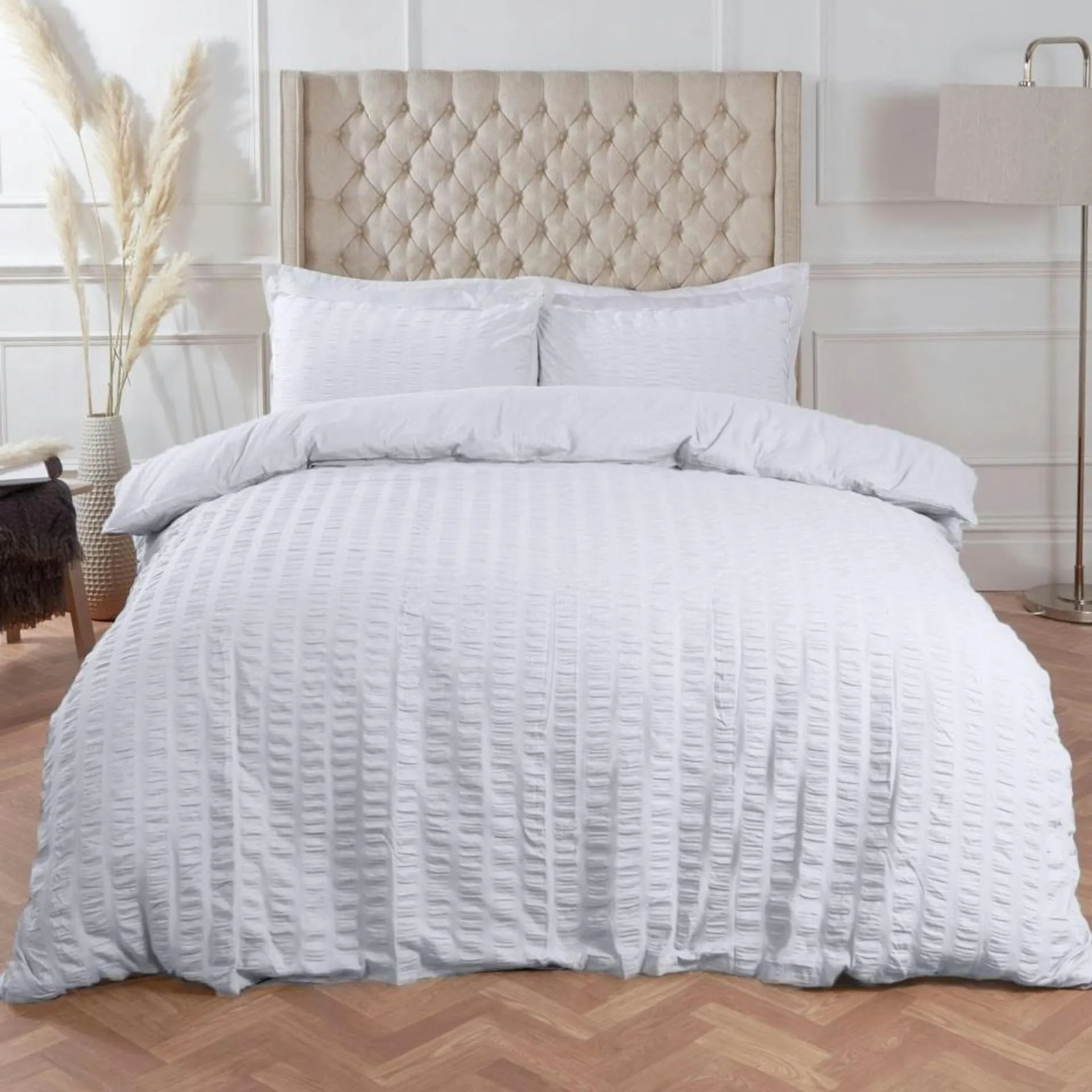 Highams Seersucker Duvet Cover with Pillowcase Set, Super King - White