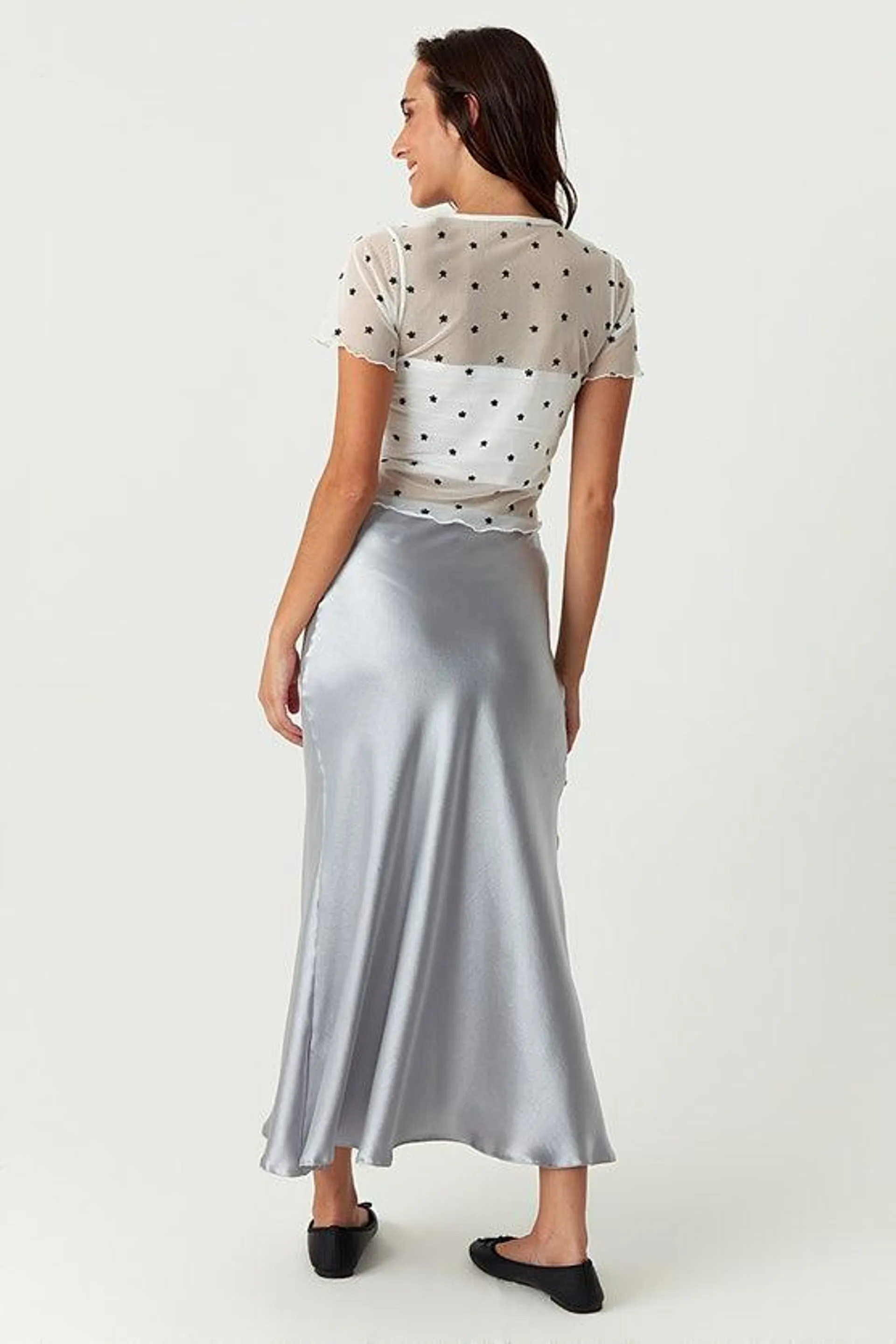 Silver Satin Midaxi Skirt