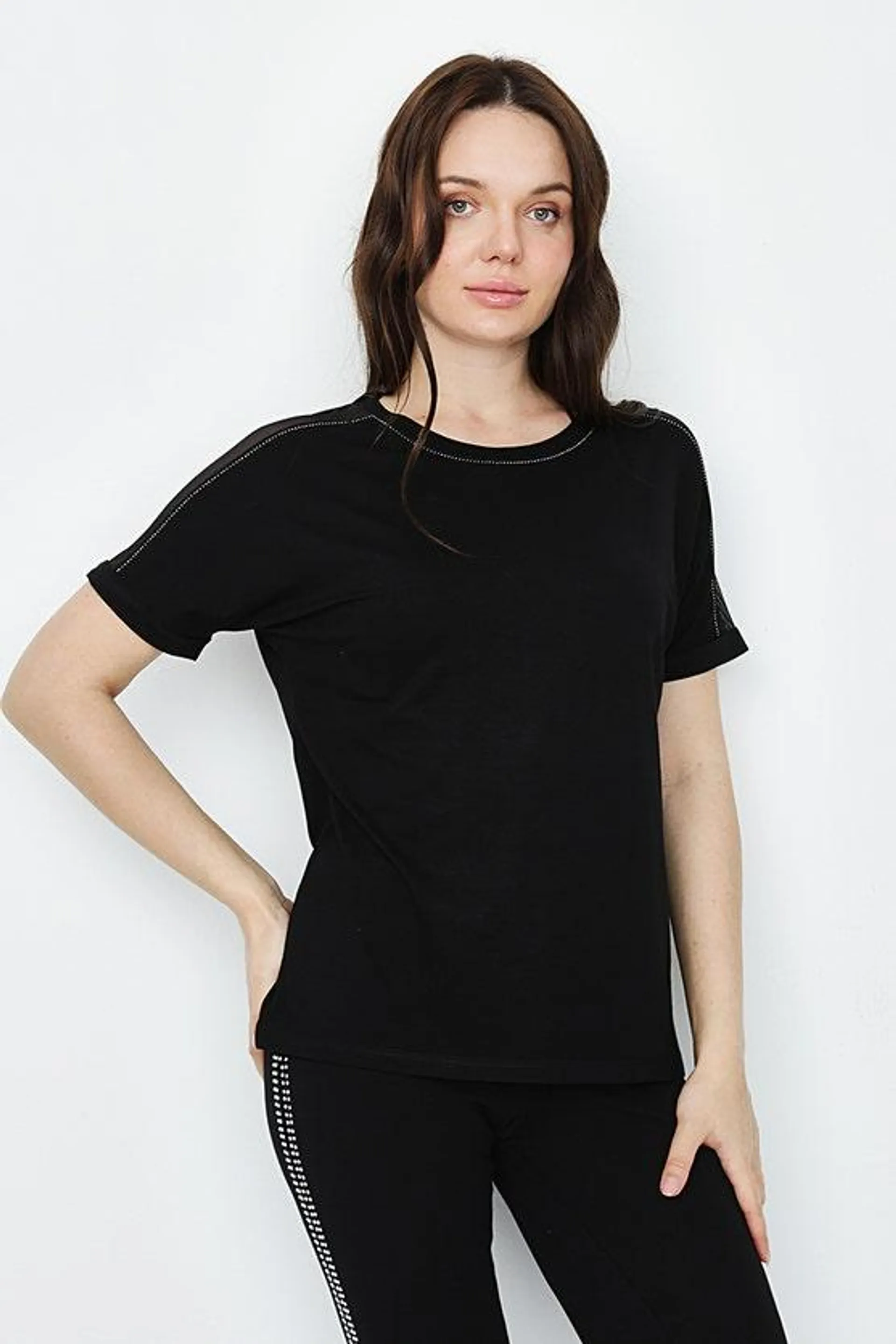 Black Embellished Roll Sleeve Top