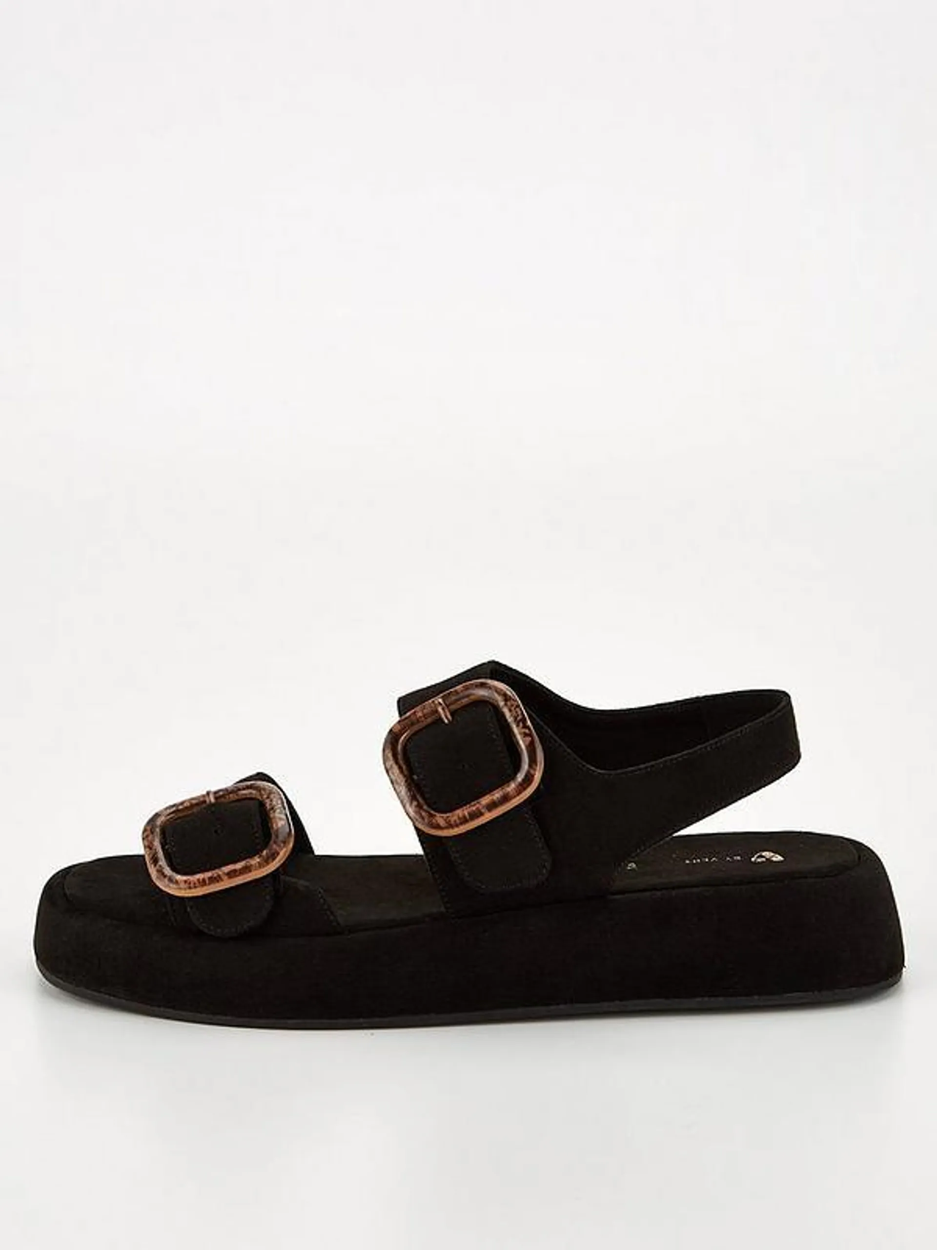 Double Buckle Wedge Sandal - Black