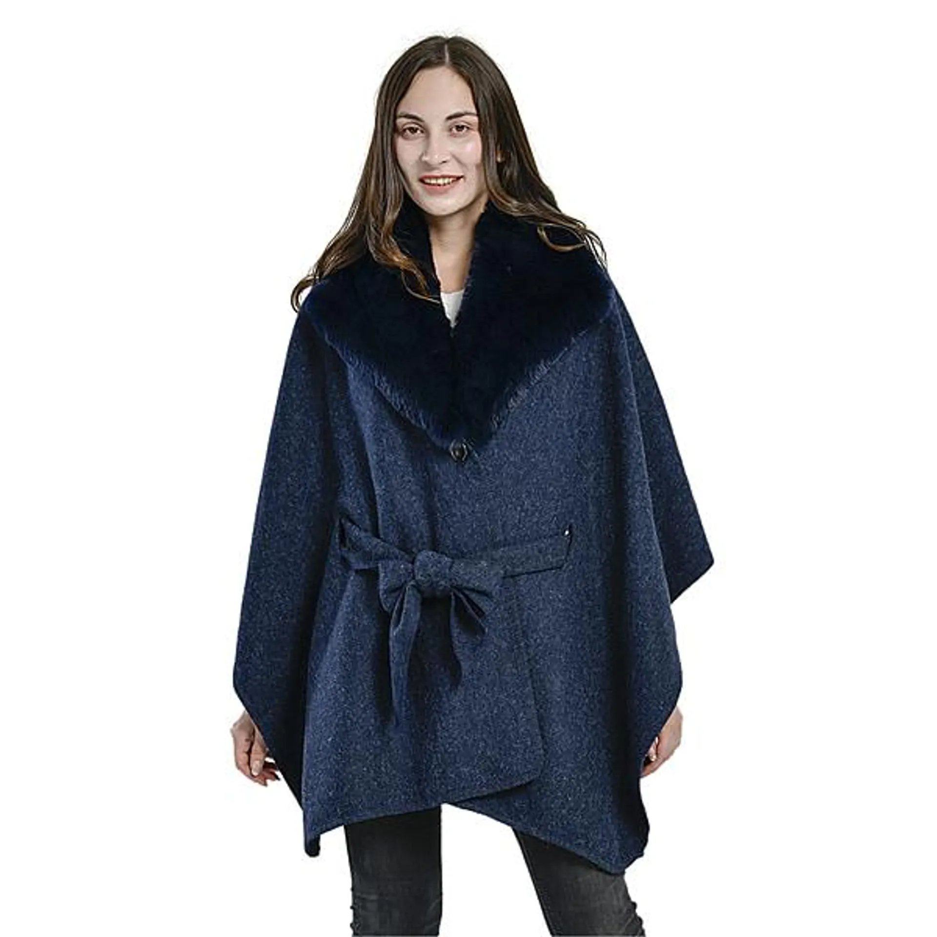 TAMSY Faux Fur Kimono for Women With Belt - Navy