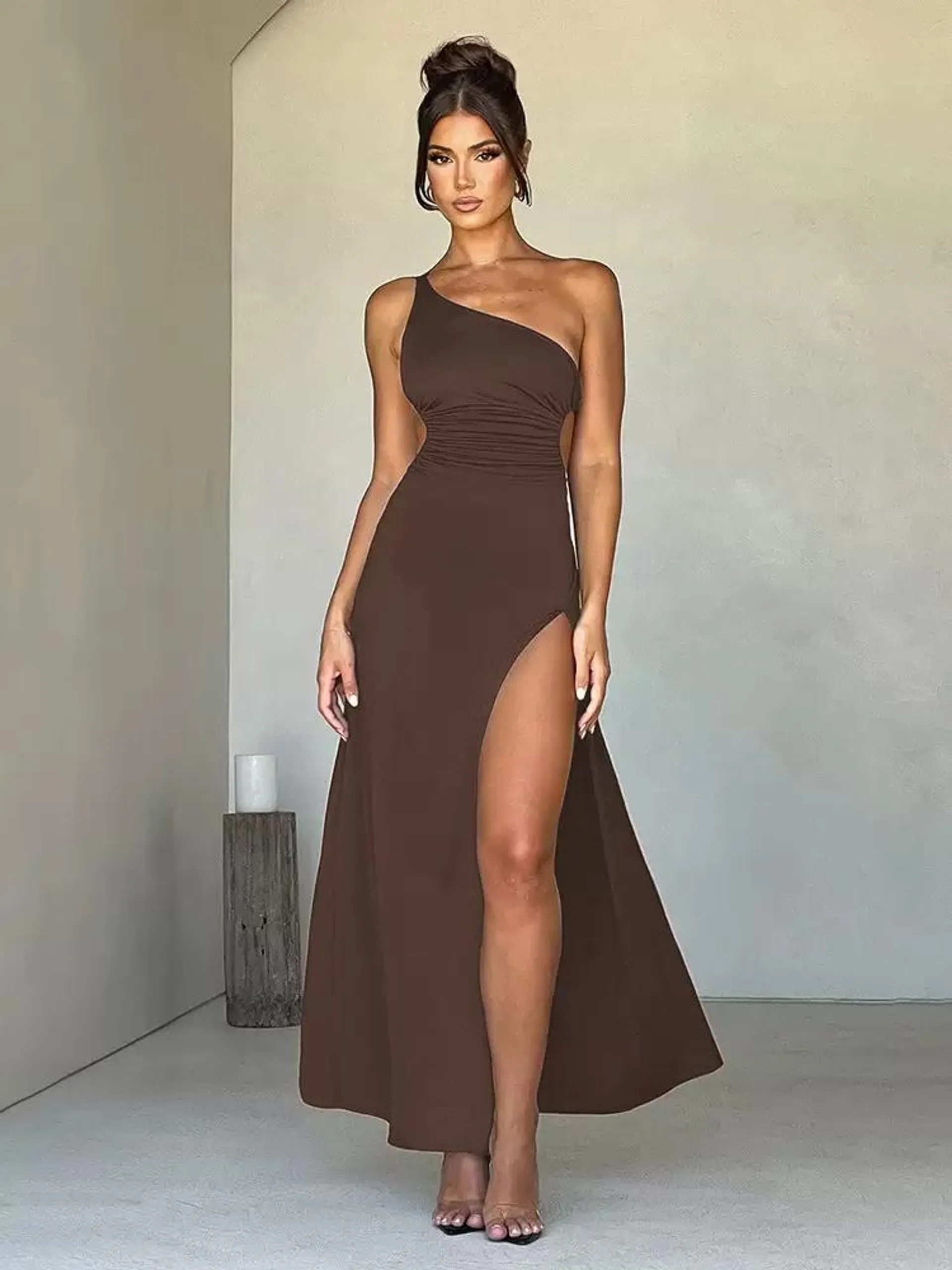 Party Dresses Coffee Brown One-Shoulder Lace Up Sleeveless Semi Formal Dress