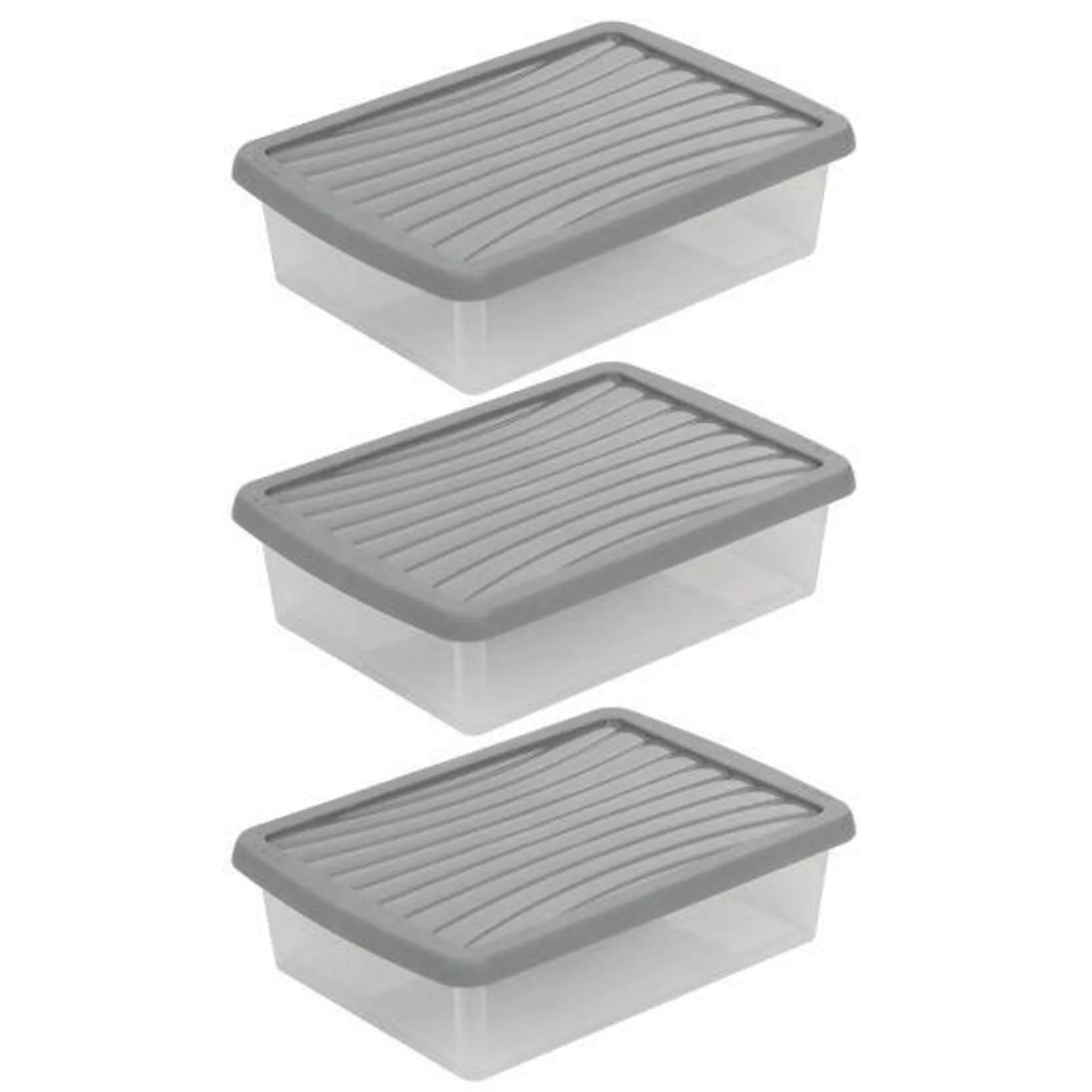 Wham Plastic Storage Boxes 8 Litre Pack of 3 Clear with Grey Lid