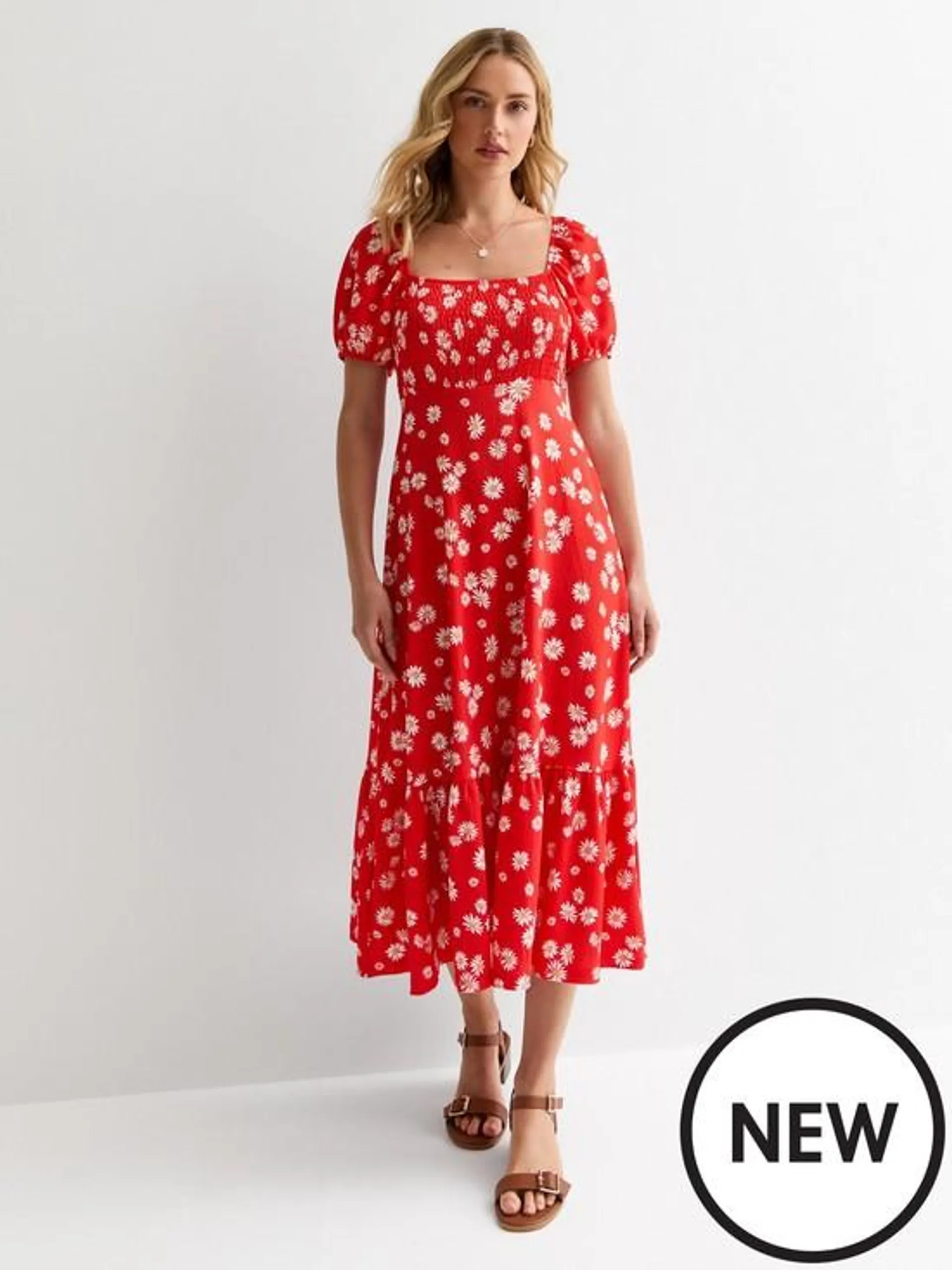 Red Floral-print Square-neck Smocked Midi Dress