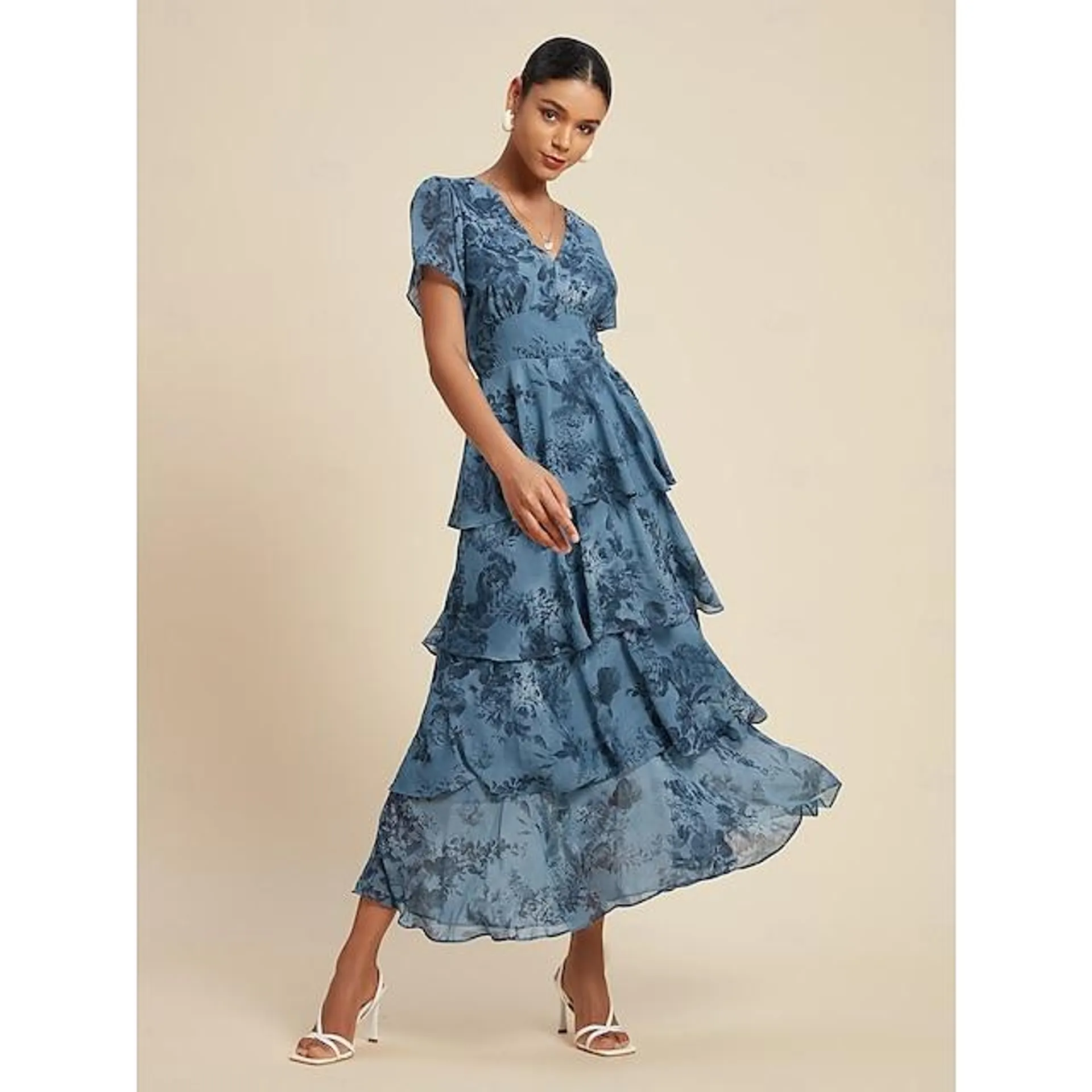 Women's Wedding Guest Dress Floral Dress Summer Dress Long Dress Maxi Dress Blue Short Sleeve Flower Flowers Flower / Plants V Neck Elastic Waist Printing Spring & Summer V Neck V-Front Wedding