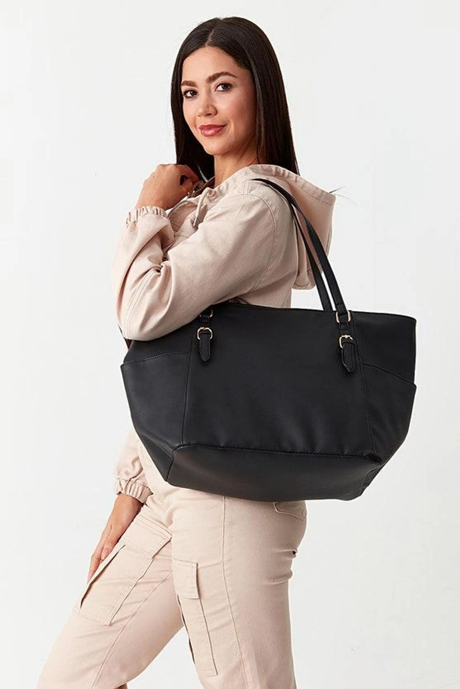 Black Buckle Trim Side Pocket Shopper Bag