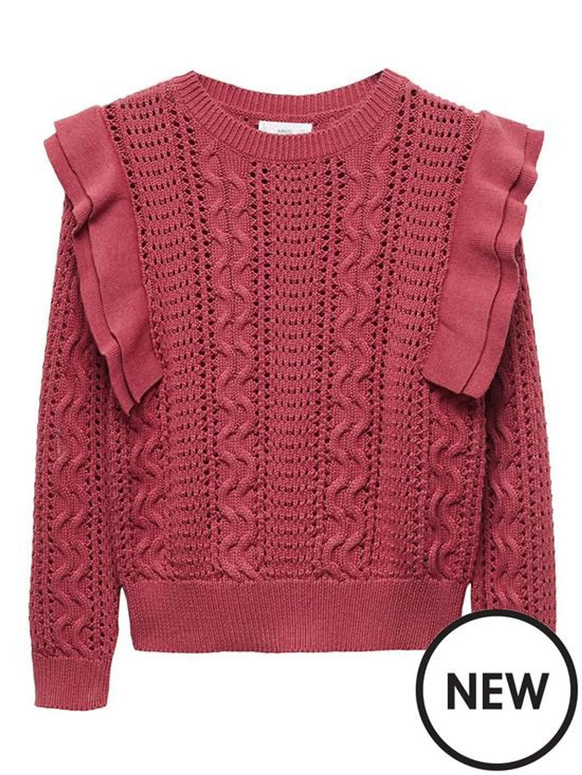 Girls Frill Shoulder Pointelle Knitted Jumper - Red