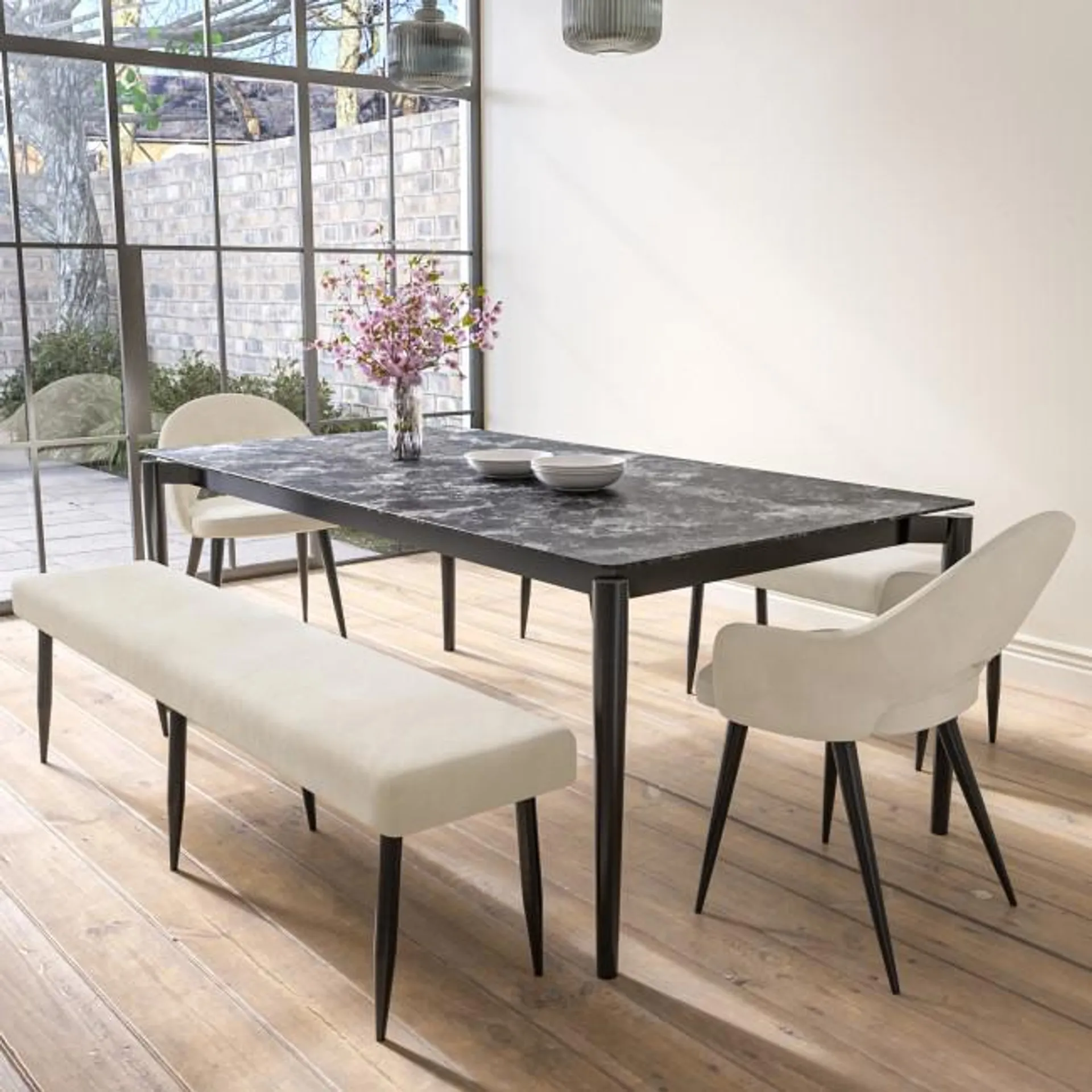 Extendable Black Marble Dining Table with 2 Beige Fabric Dining Chairs and 2 Matching Benches - Camilla