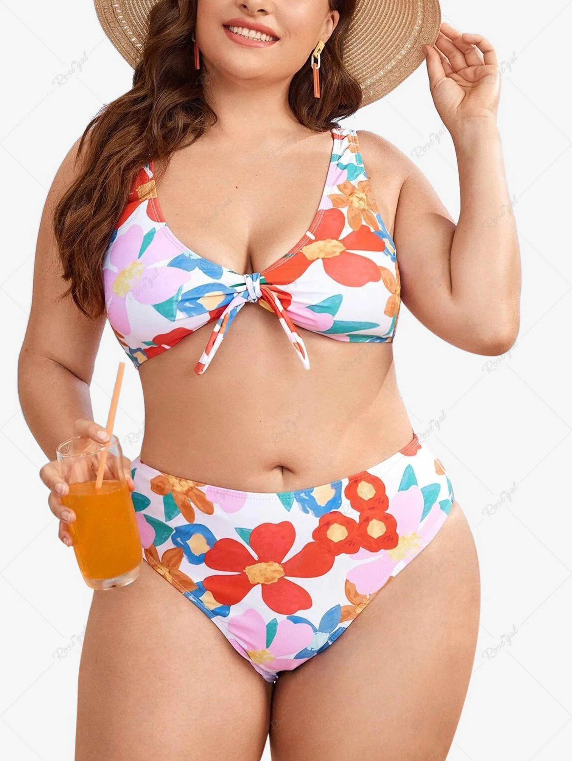 Plus Size Flower Printed Bowknot Padded Bikini Swimsuit - 2xl