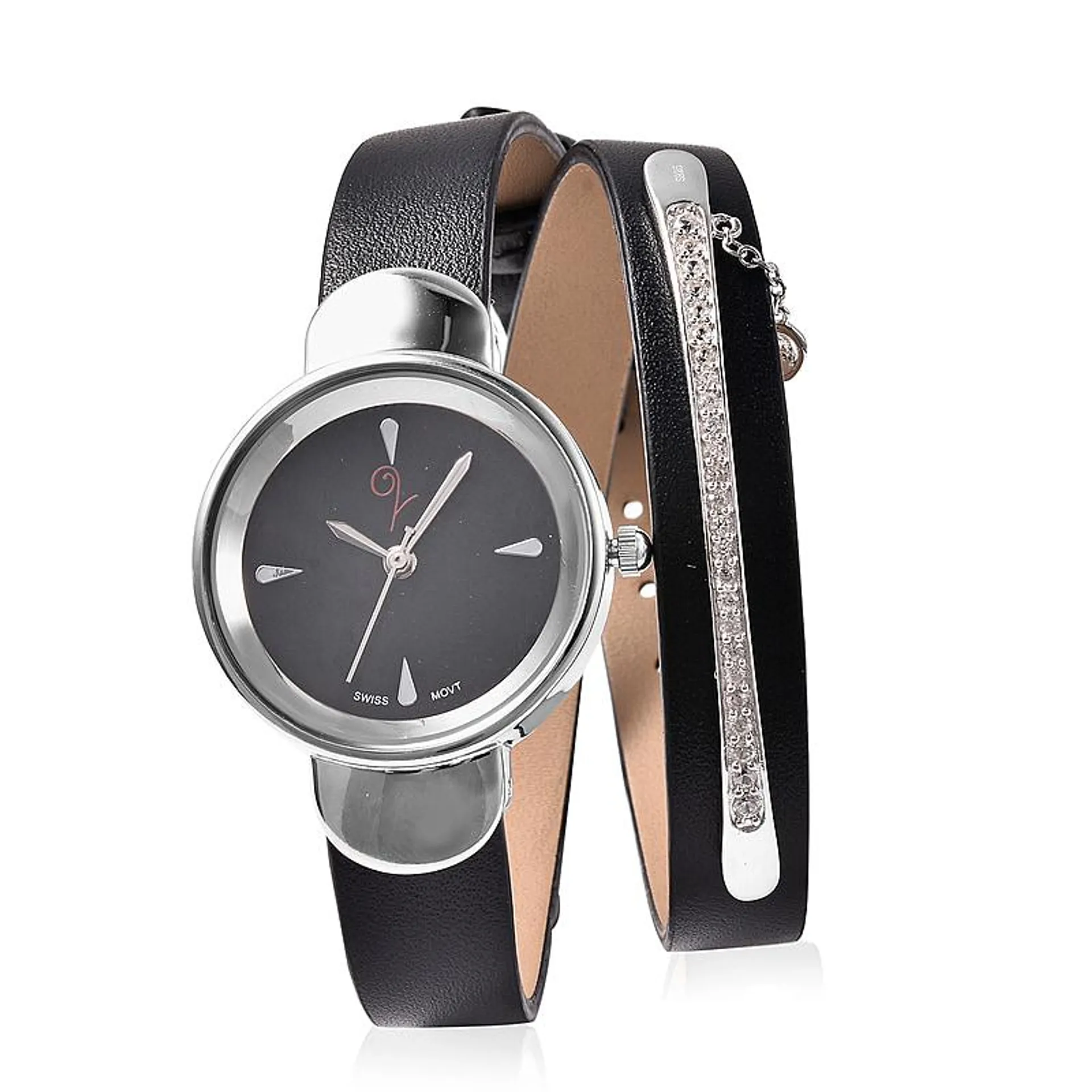 Lucy Q Swiss Movement Black Dial 3ATM Water Resistant Watch with 3 Row Black Leather Strap and Natural Cambodian Zircon Studded Sterling Silver Charm in a Gift Box