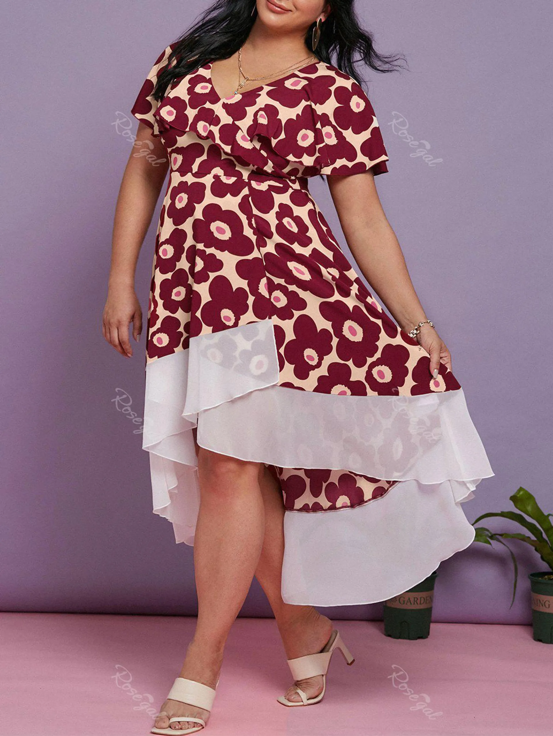Plus Size Floral Print Maxi High Low Dress - 1x