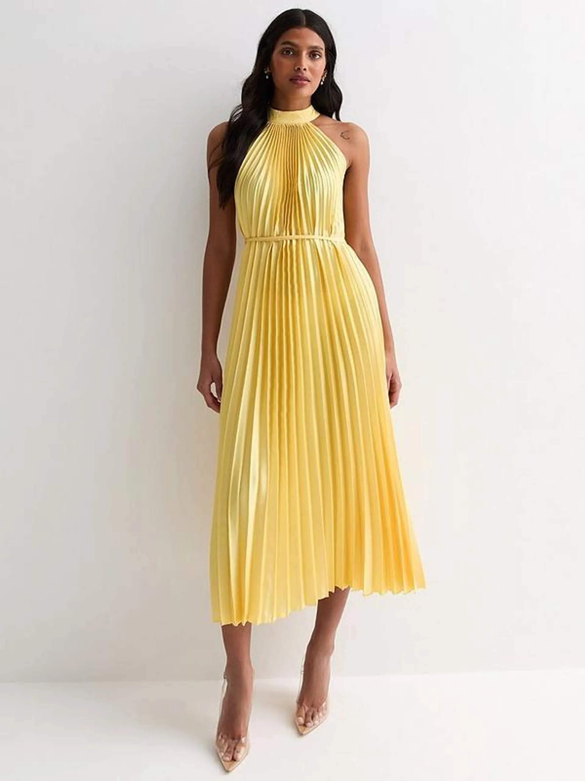 Pale Yellow Pleated Satin Halter Midi Dress