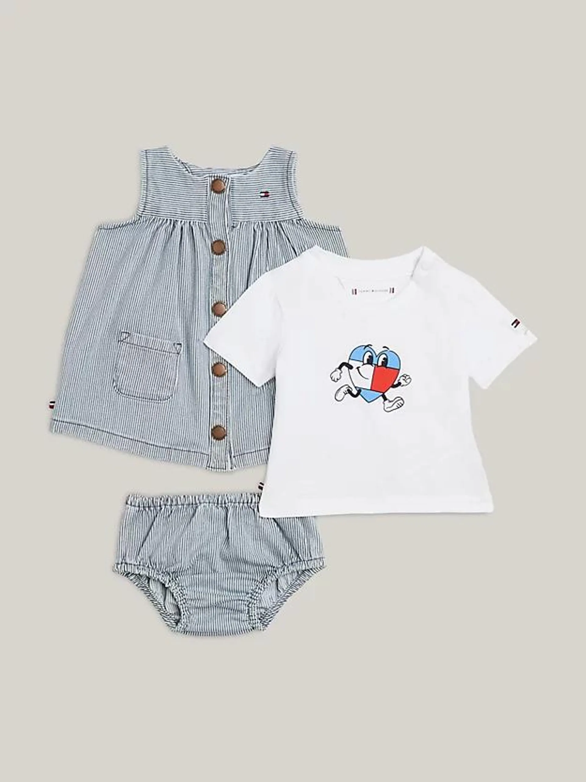 Flag Character T-Shirt, Dress And Bloomers Stripe Set