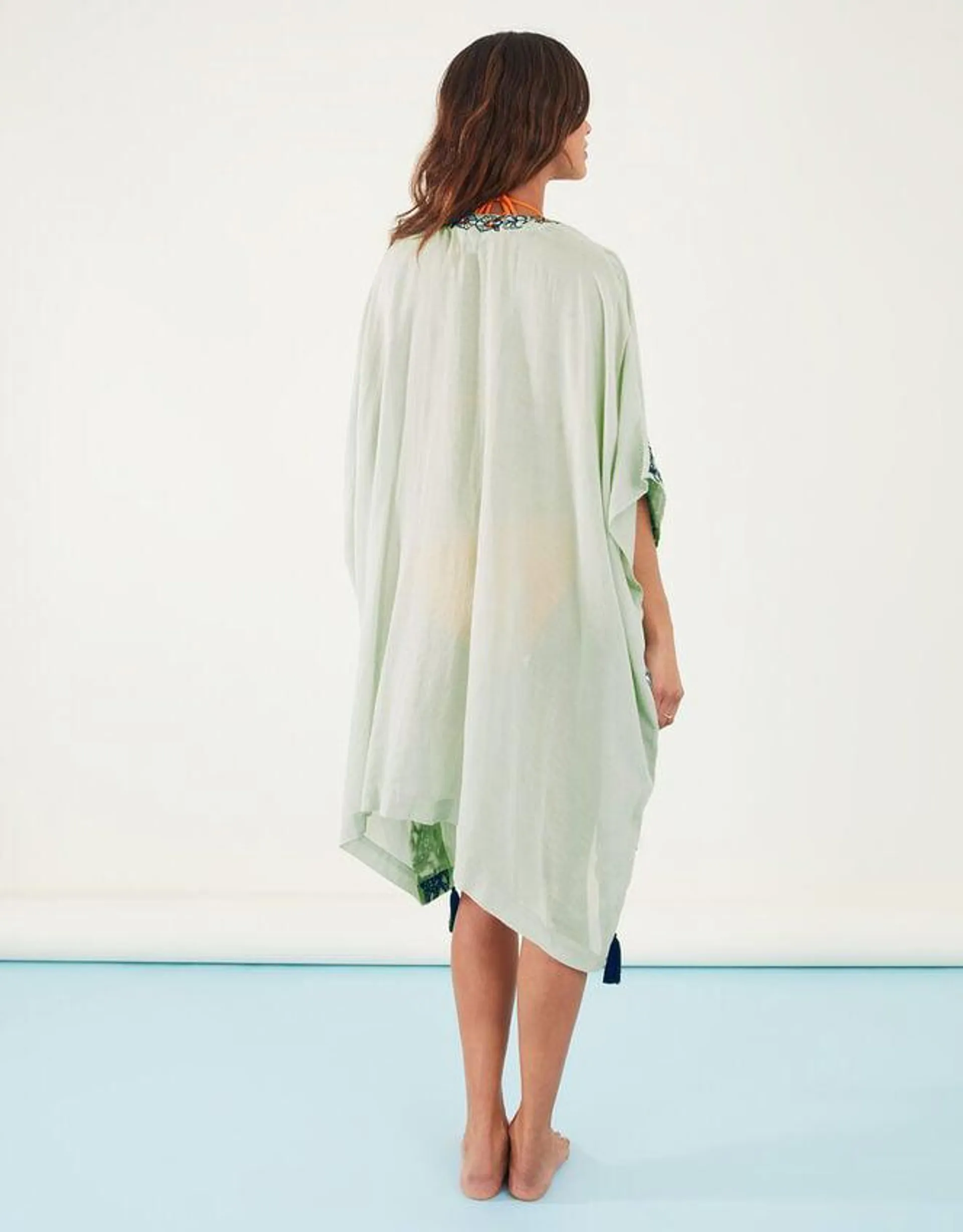Shell Embroidered Tassel Trim Kimono Green