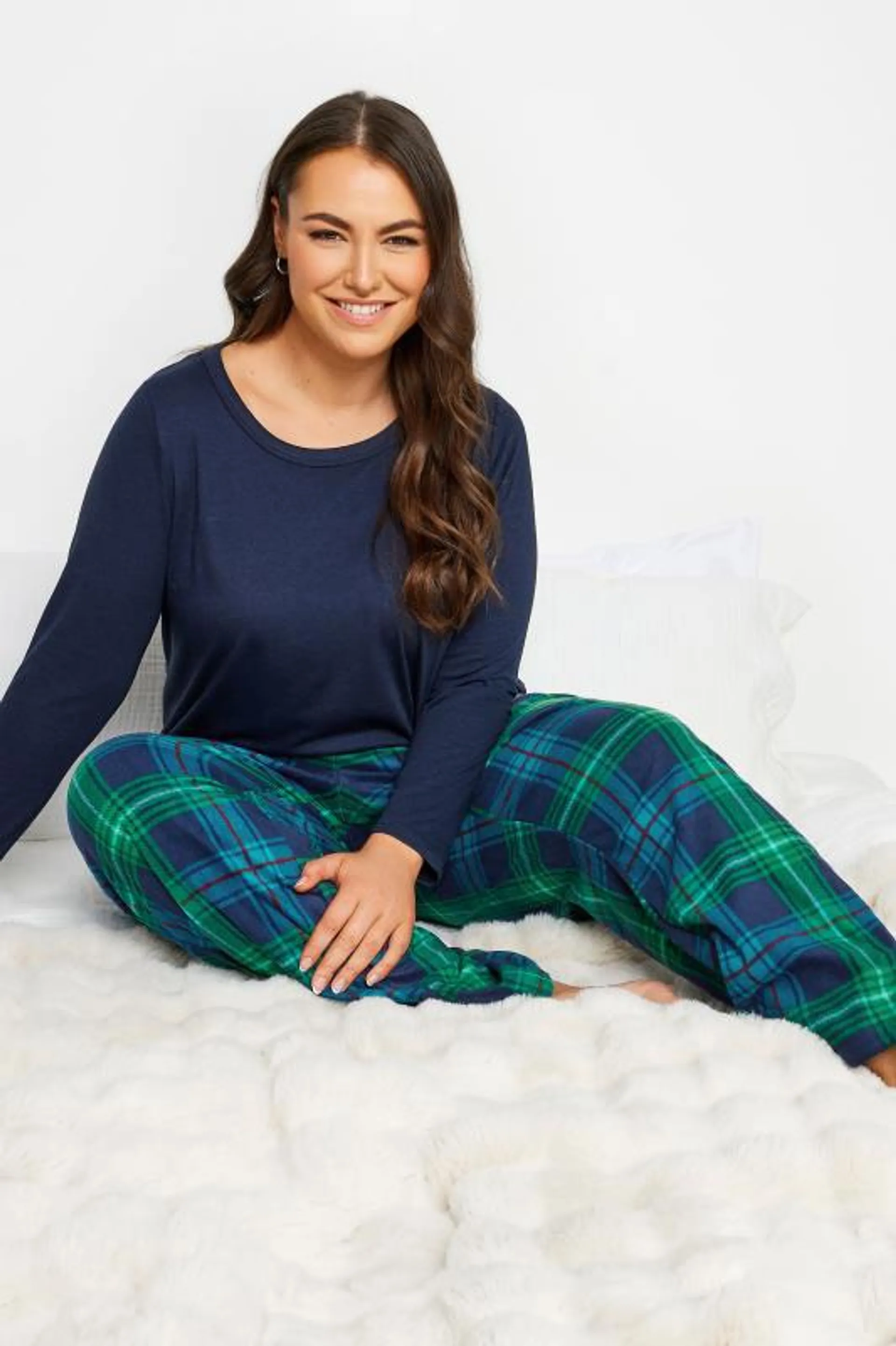 YOURS Curve Blue & Green Tartan Print Pyjama Bottoms