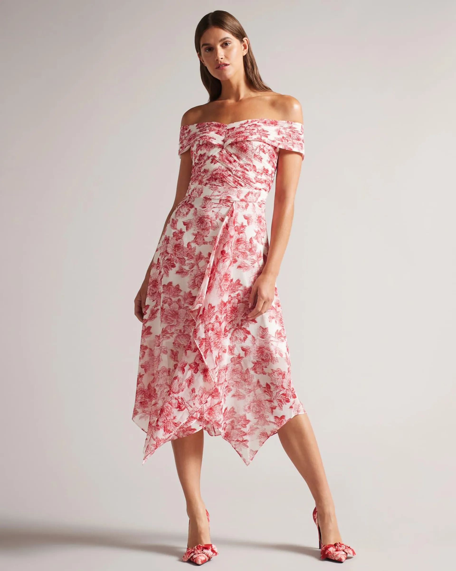 Bardot Midi Dress with Ruffle Skirt