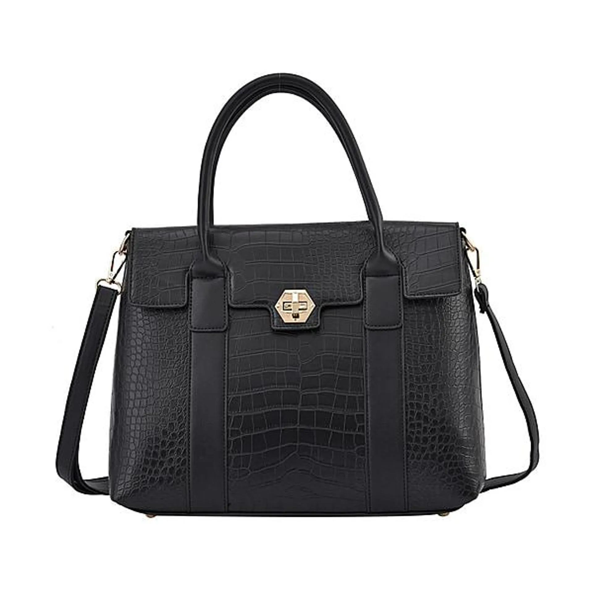 Mega Closeout Deal - Croc Embossed Fully Lined Bag with Twist Lock and Detachable Long Strap - Black