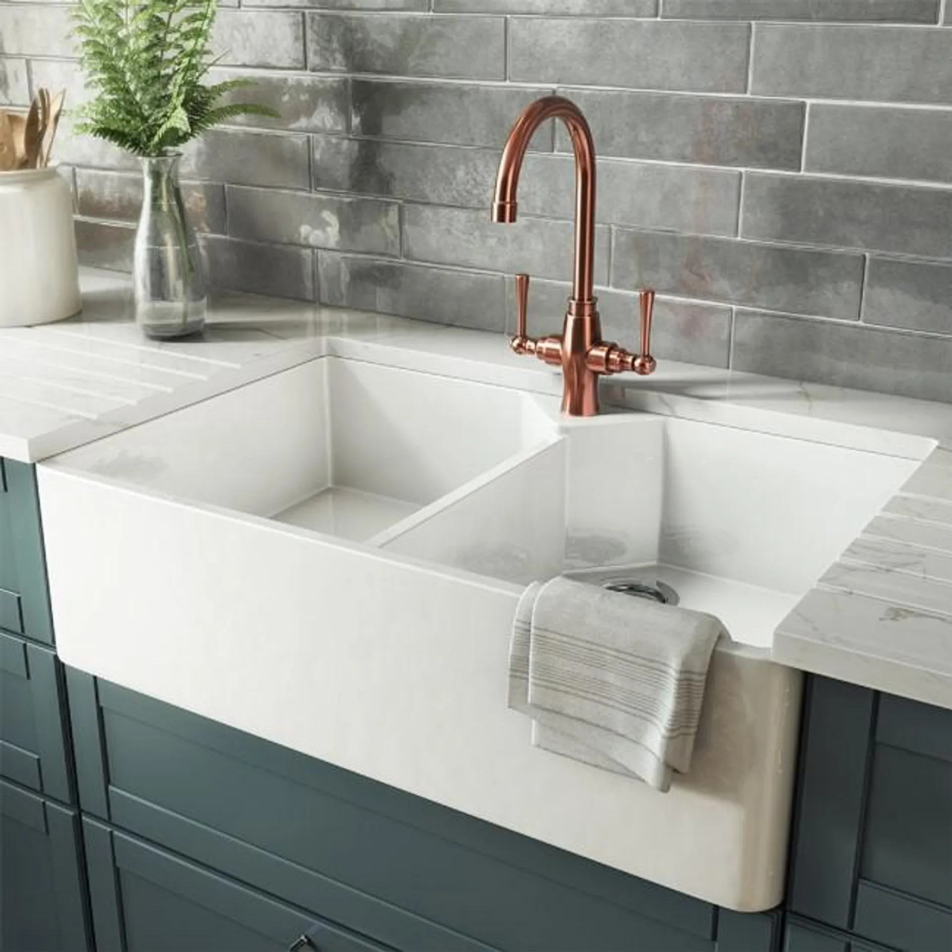 Double Bowl White Ceramic Kitchen Sink - Rangemaster