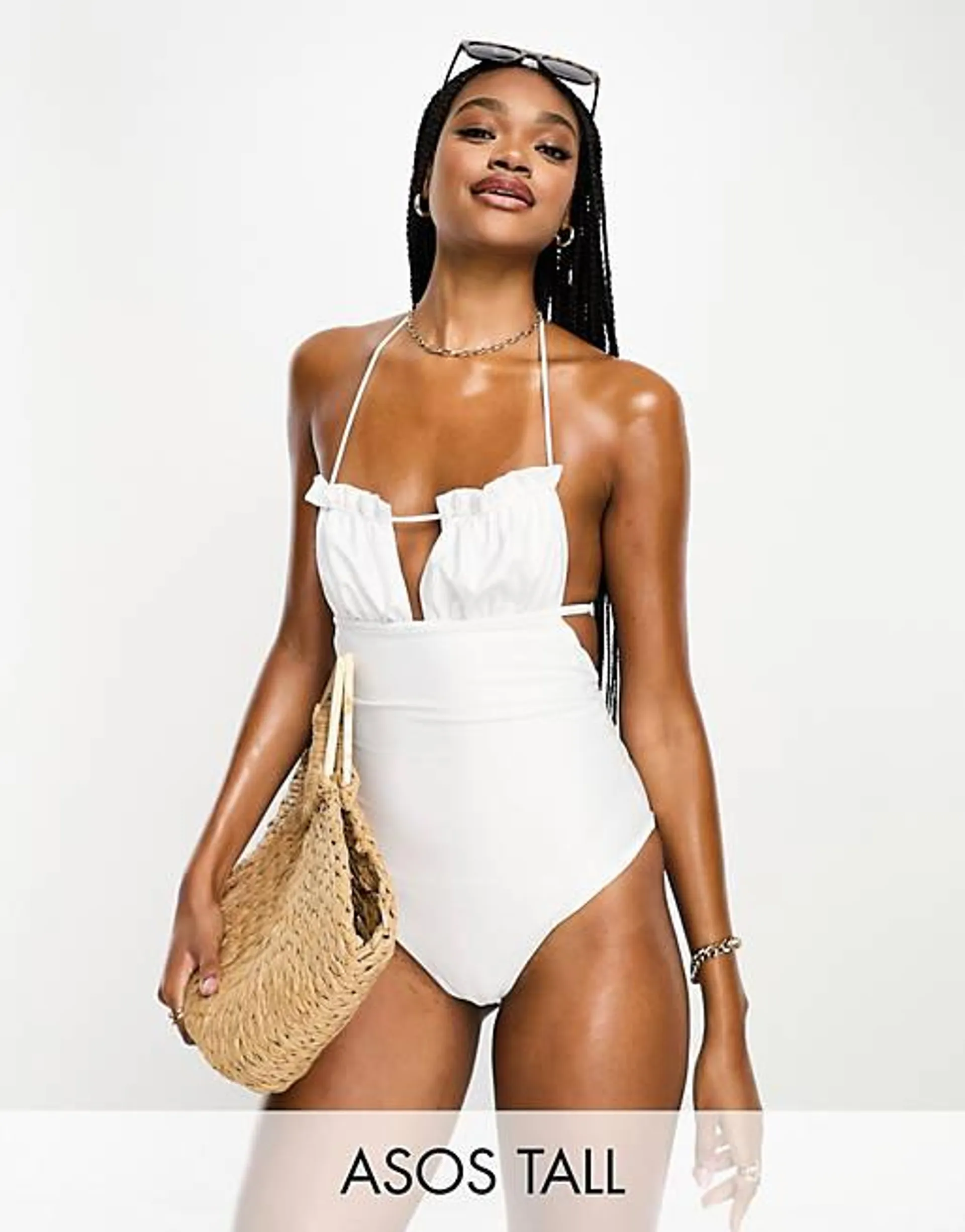 ASOS DESIGN Tall bandeau frill swimsuit in white