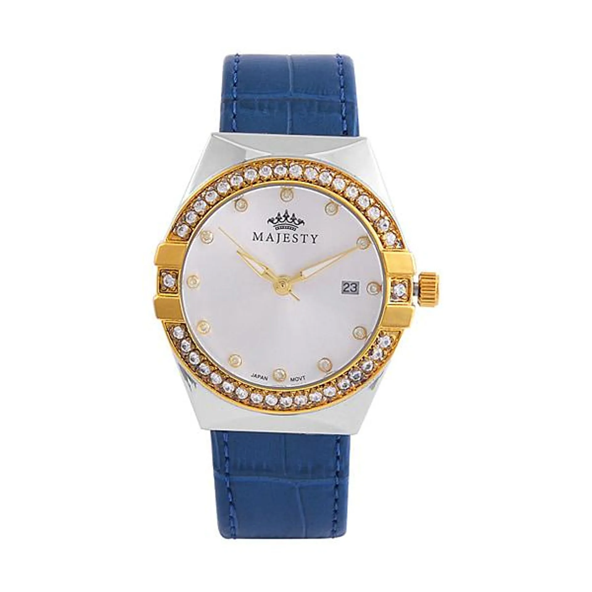 MAJESTY Japanese Miyota Movement Watch with Cubic Zirconia Dial and Blue Genuine Leather Strap