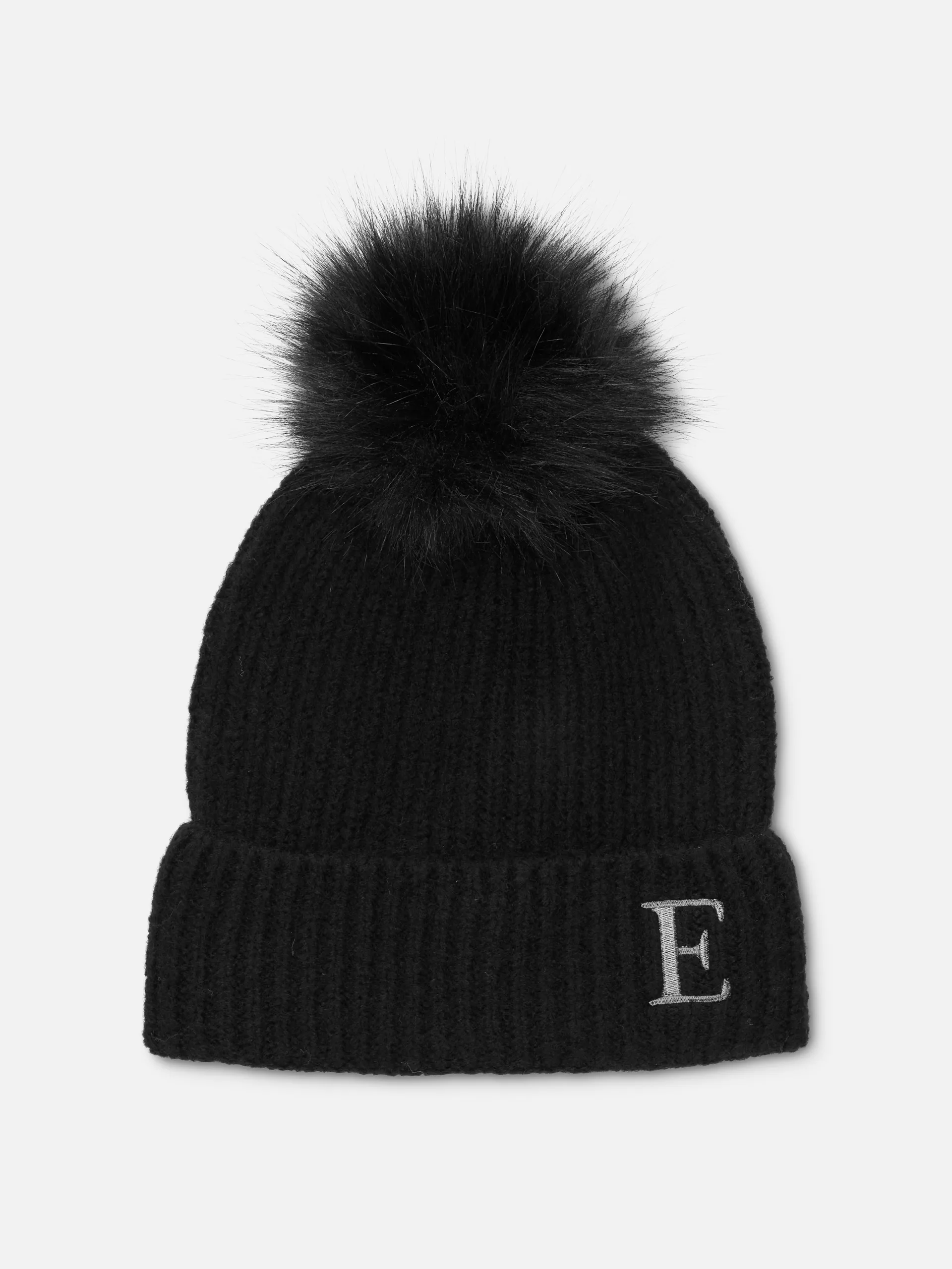 Embroidered Initial Pompom Beanie