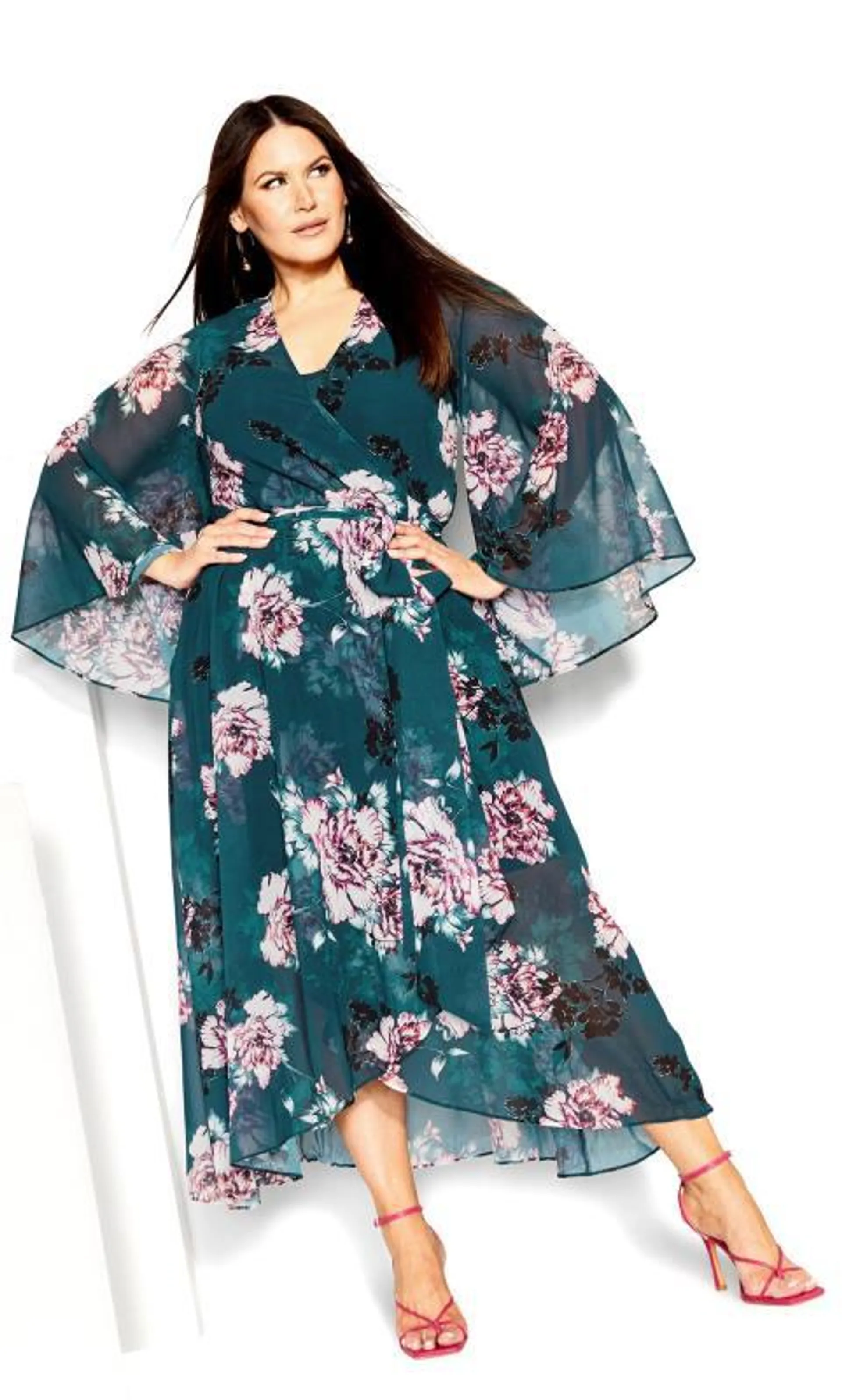 City Chic Dark Green & Pink Floral Print Maxi Dress