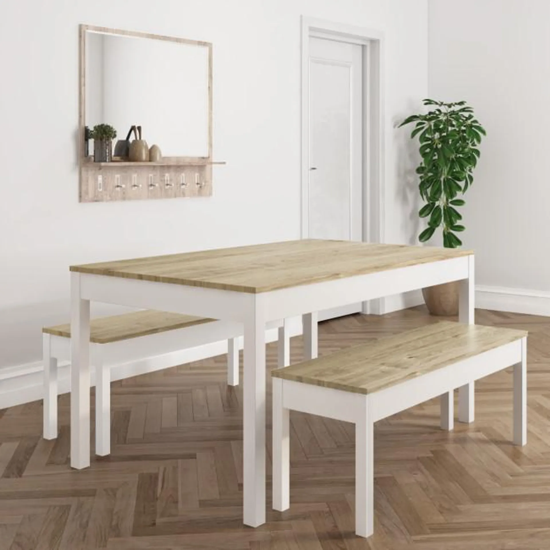 Pine & White Dining Table with 2 Dining Benches - Seats 4 - Emerson