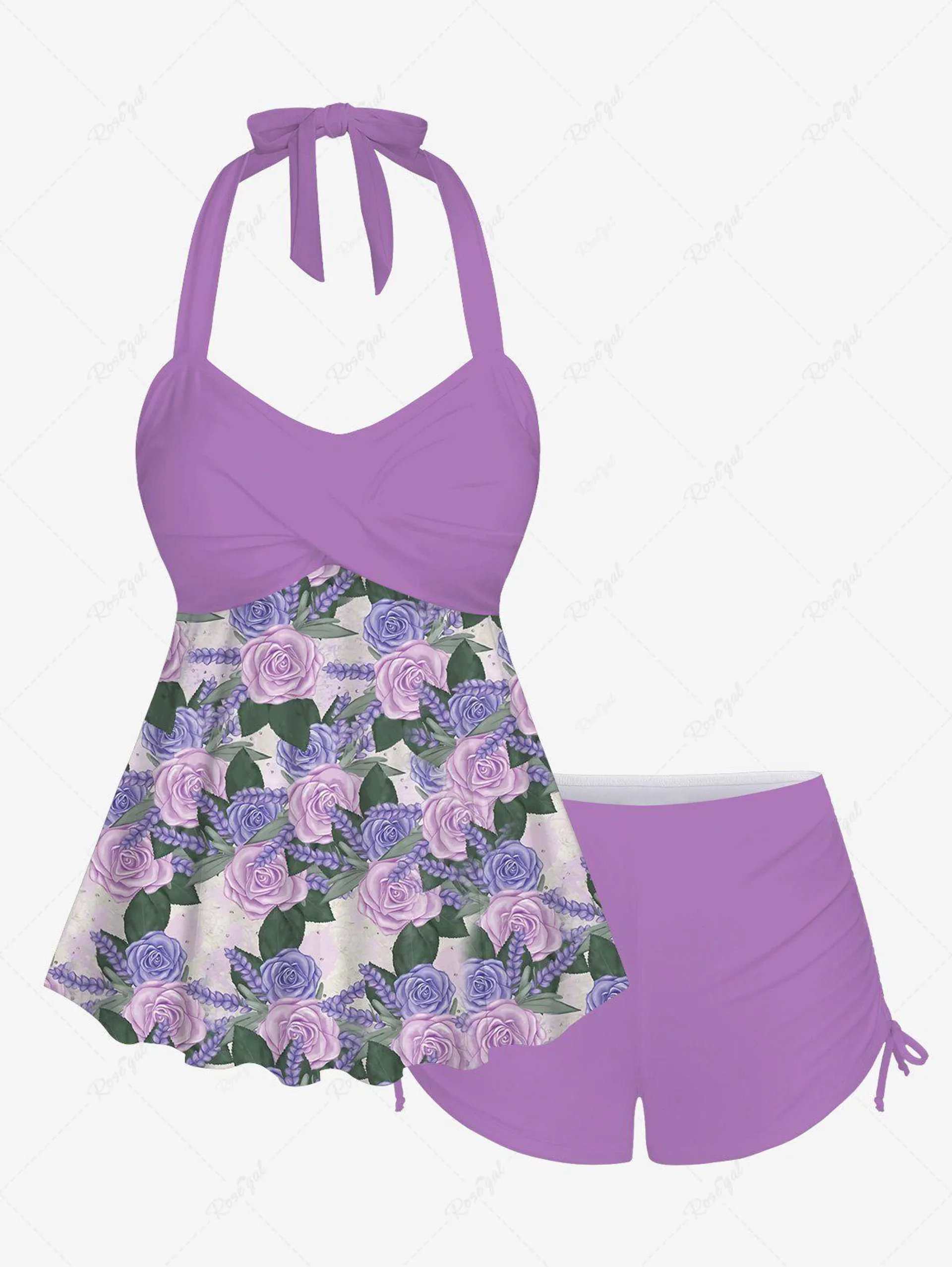 Fashion Lavender Rose Flower Leaf Print Twist Halter Backless Cinched Boyleg Tankini Swimsuit - 2x