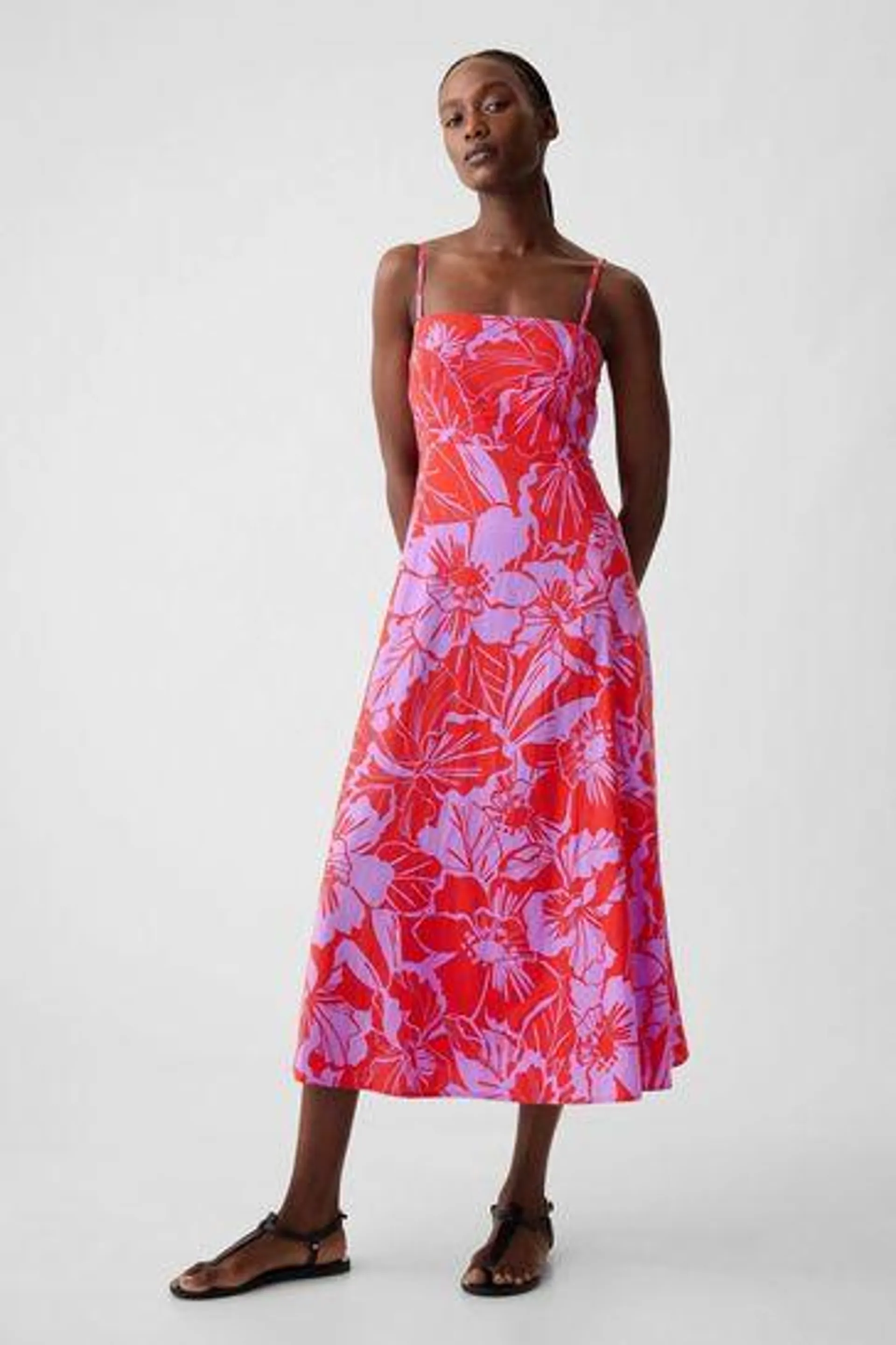 Floral Linen-Blend Removable Straps Midi Dress