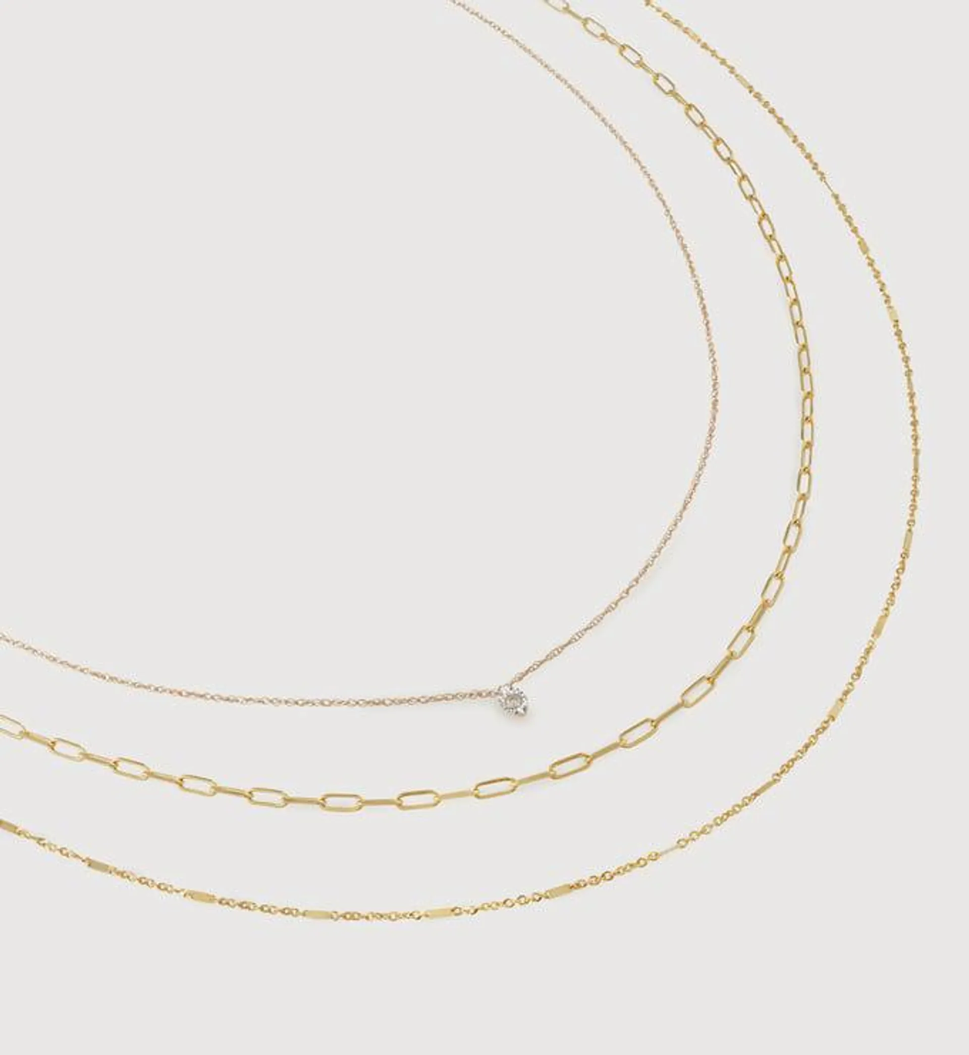 Solid Gold Diamond Marquise, Paperclip and Shimmer Chain Necklace Stack