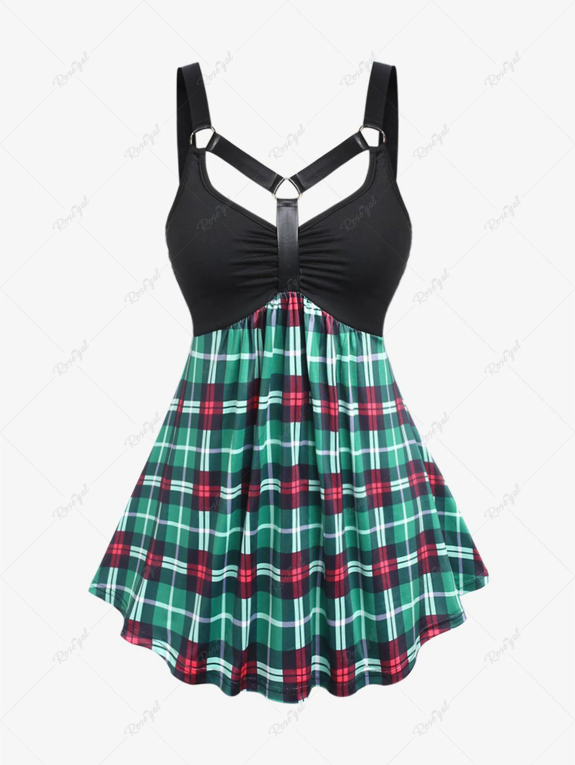 Plus Size O Rings PU Backless Plaid Tank Top - 2x | Us 18-20